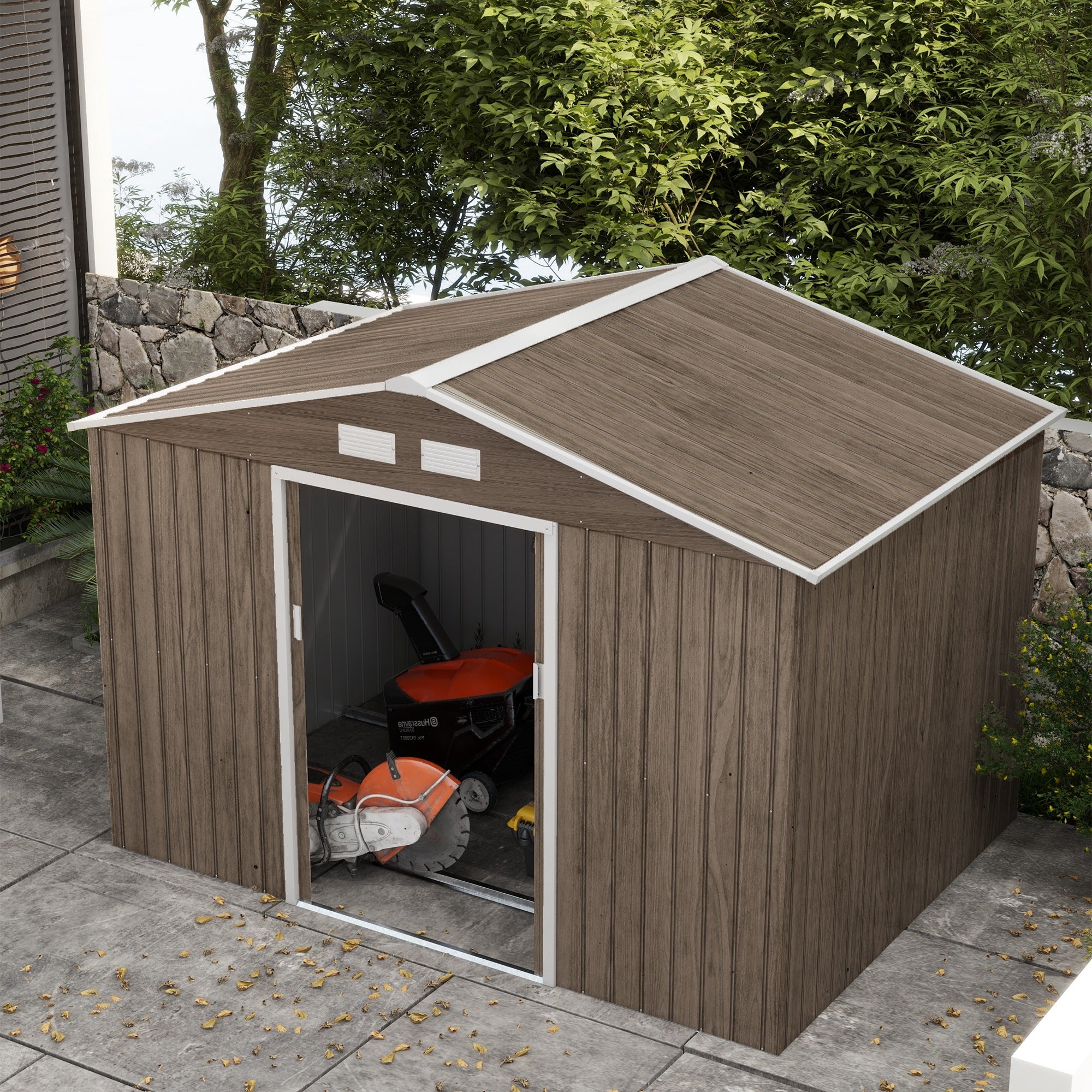 Outsunny 9' x 6' Garden Storage Shed with Foundation Kit, Metal Tool Storage House with Double Doors for Outdoor Patio Yard, Distressed Light Brown