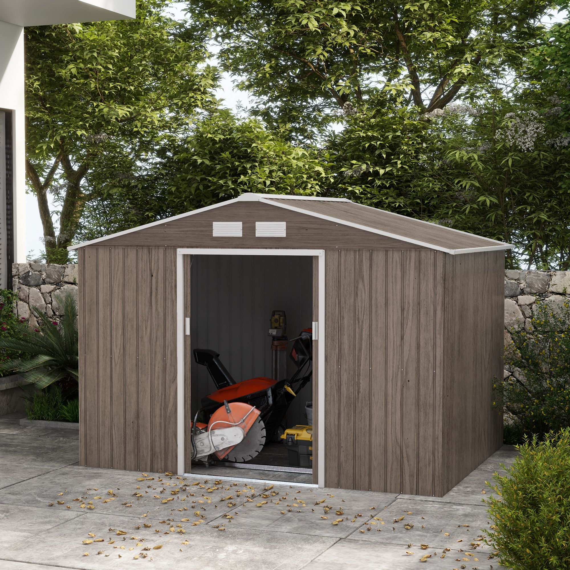 Outsunny 9' x 6' Garden Storage Shed with Foundation Kit, Metal Tool Storage House with Double Doors for Outdoor Patio Yard, Distressed Light Brown