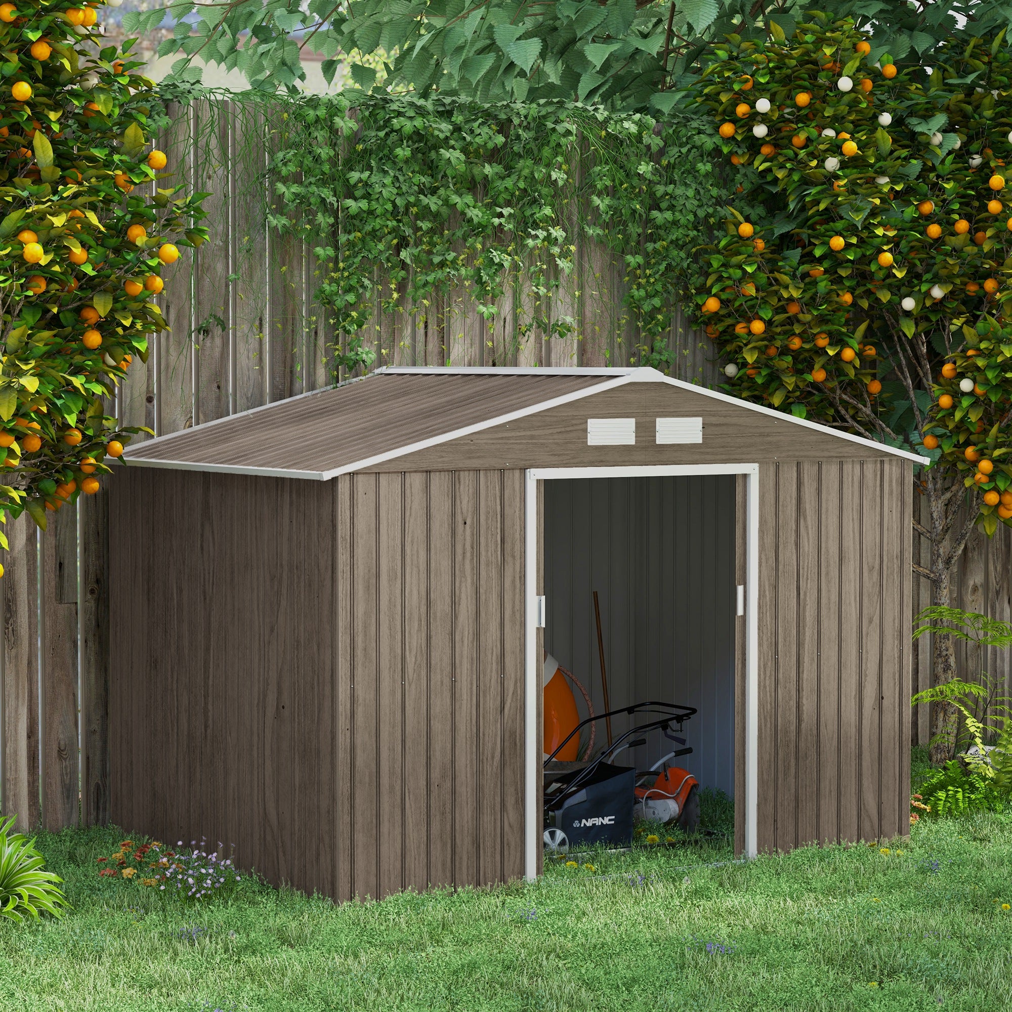 Outsunny 9' x 6' Garden Storage Shed with Foundation Kit, Metal Tool Storage House with Double Doors for Outdoor Patio Yard, Distressed Light Brown