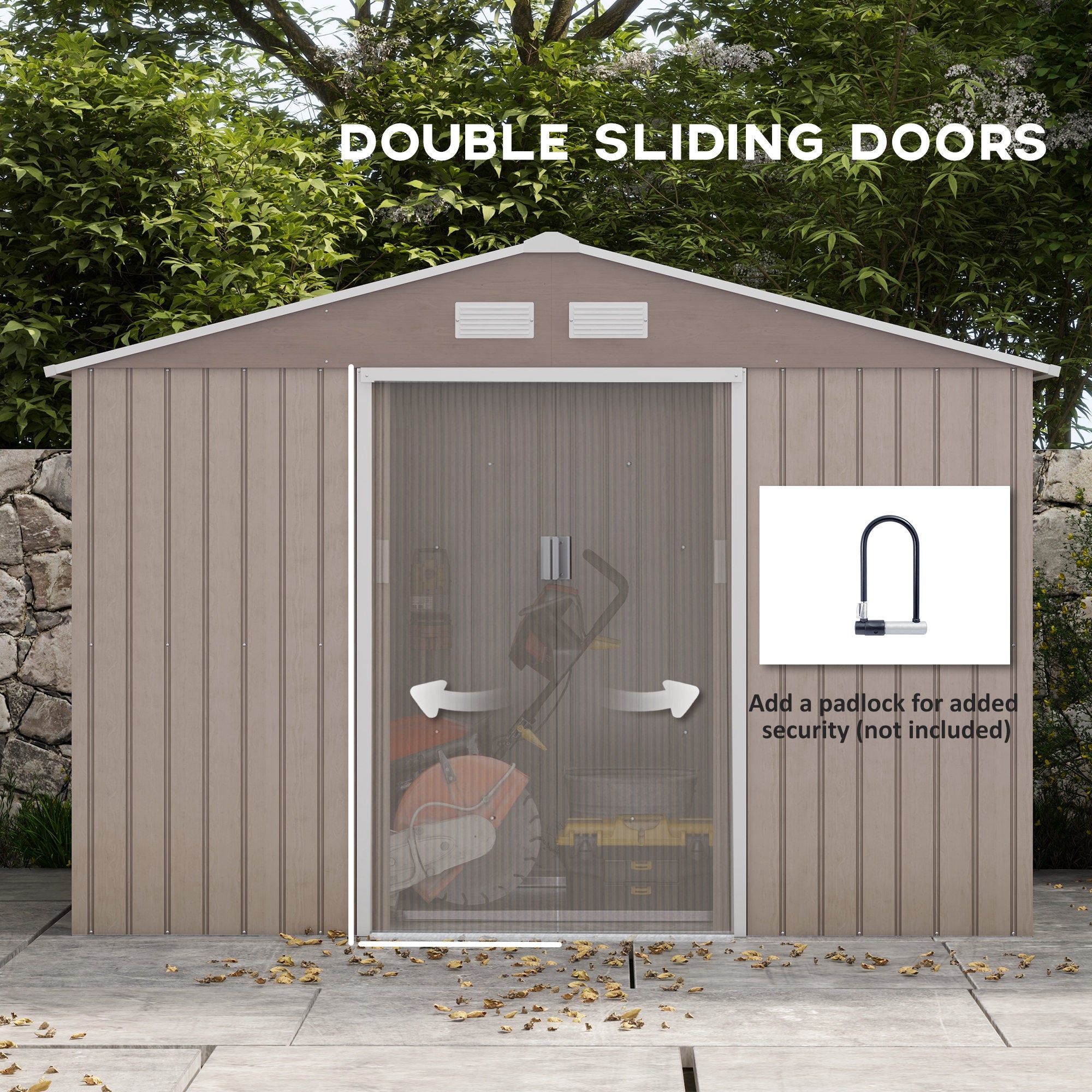 Outsunny 9' x 6' Garden Storage Shed with Foundation Kit, Metal Tool Storage House with Double Doors for Outdoor Patio Yard, Distressed Light Brown