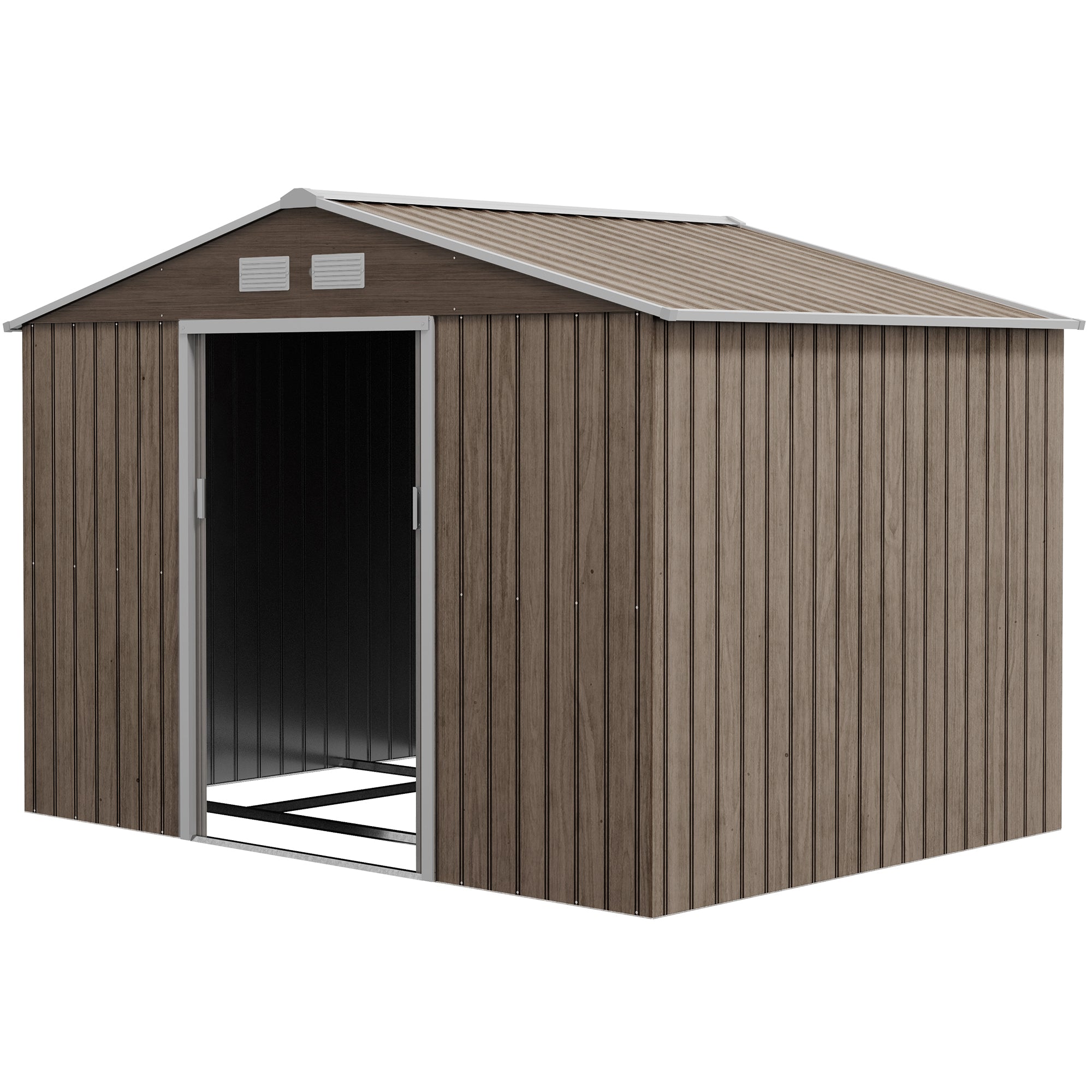 Outsunny 9' x 6' Garden Storage Shed with Foundation Kit, Metal Tool Storage House with Double Doors for Outdoor Patio Yard, Distressed Light Brown