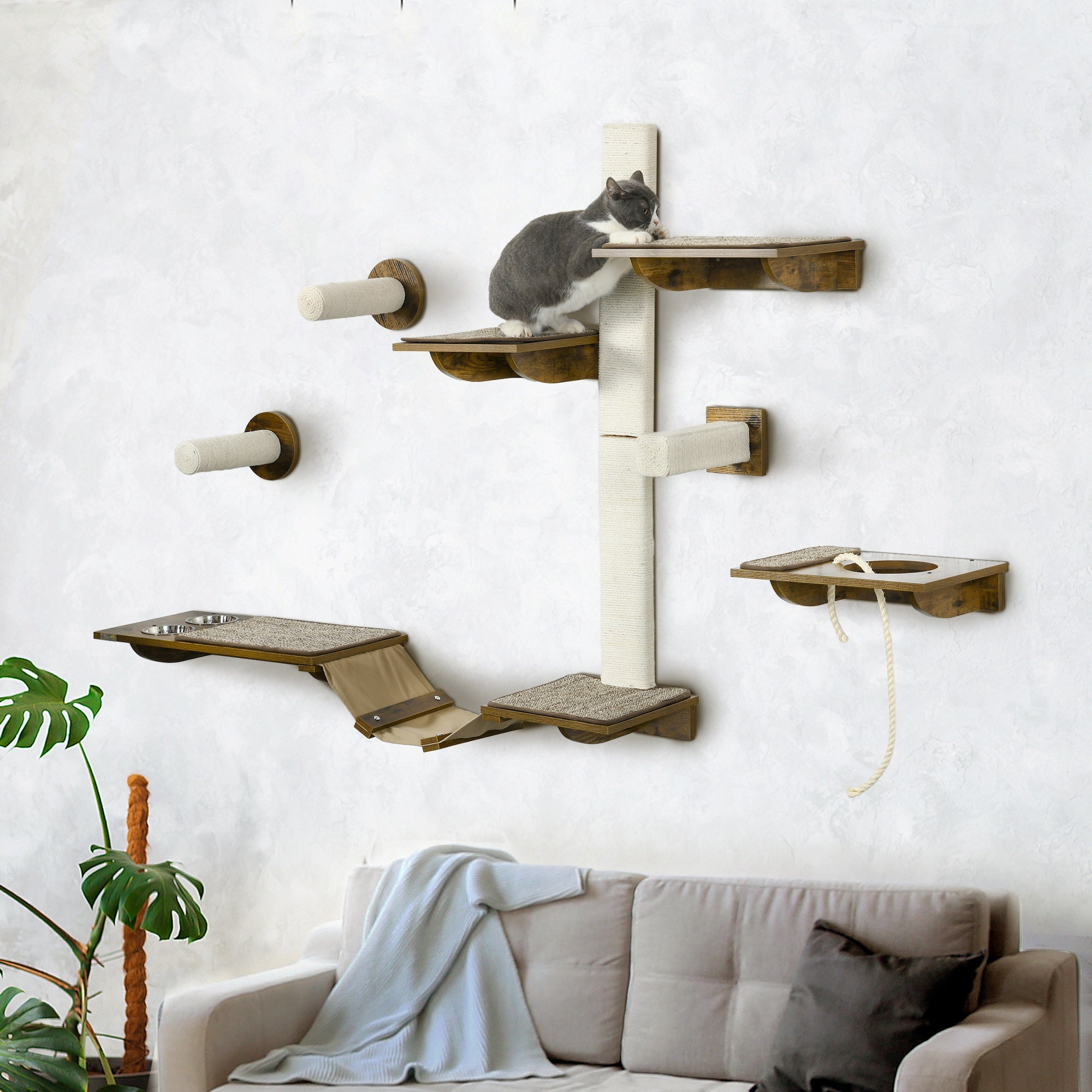 PawHut Cat Wall Shelves, Cat Wall Furniture with Perches, Scratching Posts, Ladder, Feeder Bowls, 8 Piece Wall Mounted Cat Shelves for Climbing, Sleeping, Playing, Brown