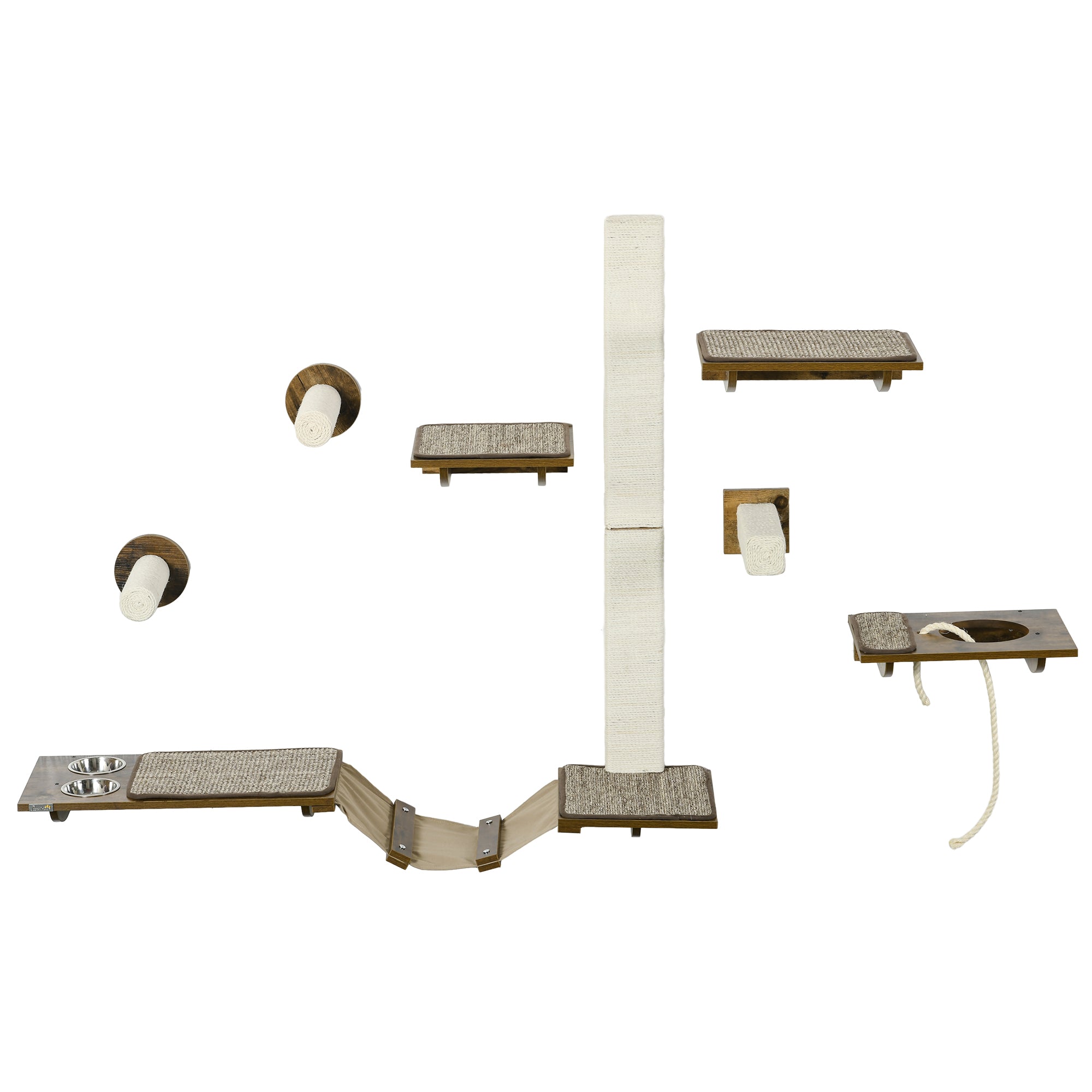 PawHut Cat Wall Shelves, Cat Wall Furniture with Perches, Scratching Posts, Ladder, Feeder Bowls, 8 Piece Wall Mounted Cat Shelves for Climbing, Sleeping, Playing, Brown