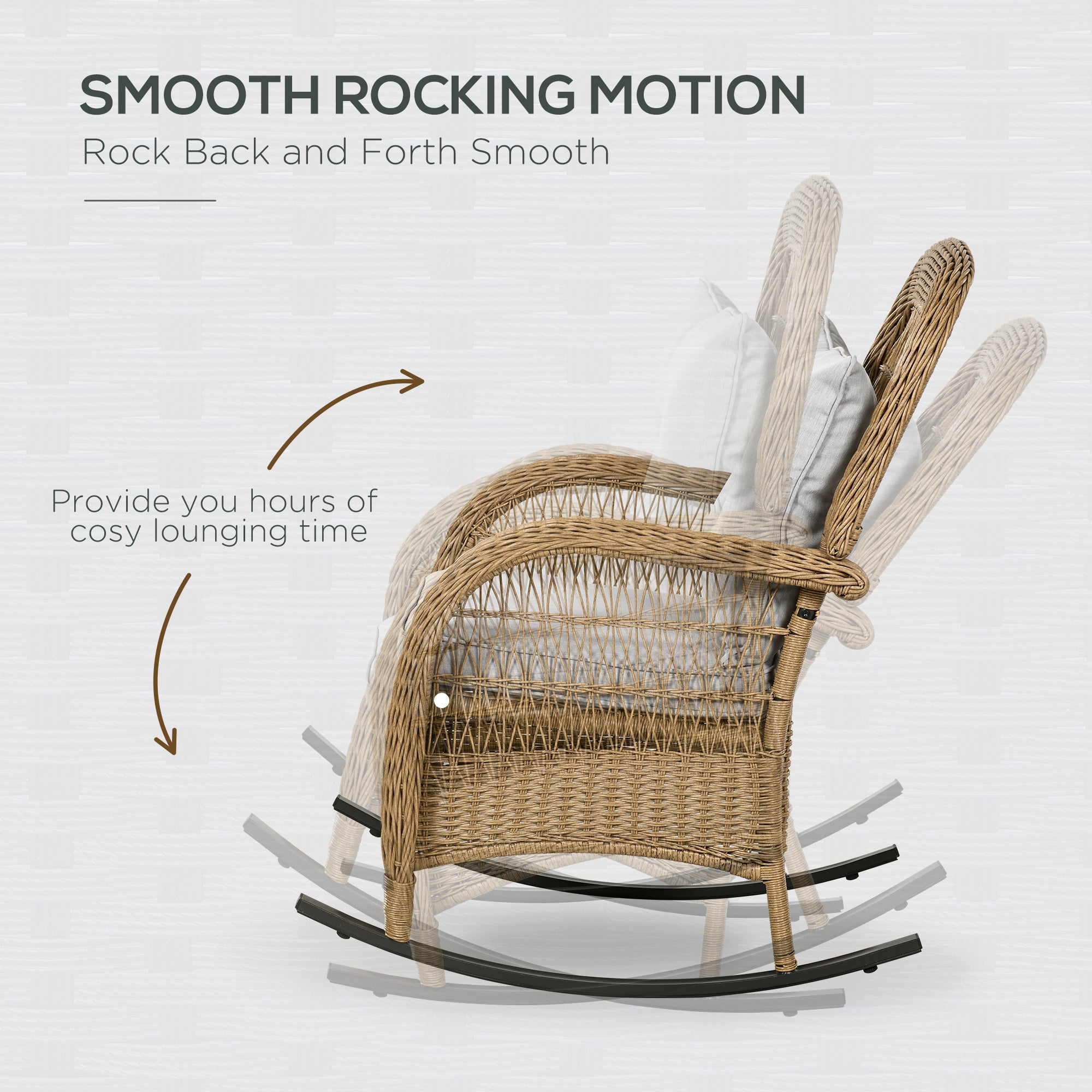 Outsunny Outdoor PE Rattan Rocking Chair with Cushions, Patio Luxury Round Wicker Garden Porch Furniture w/ Armrest and High Backrest for Backyard, Garden, Light Grey