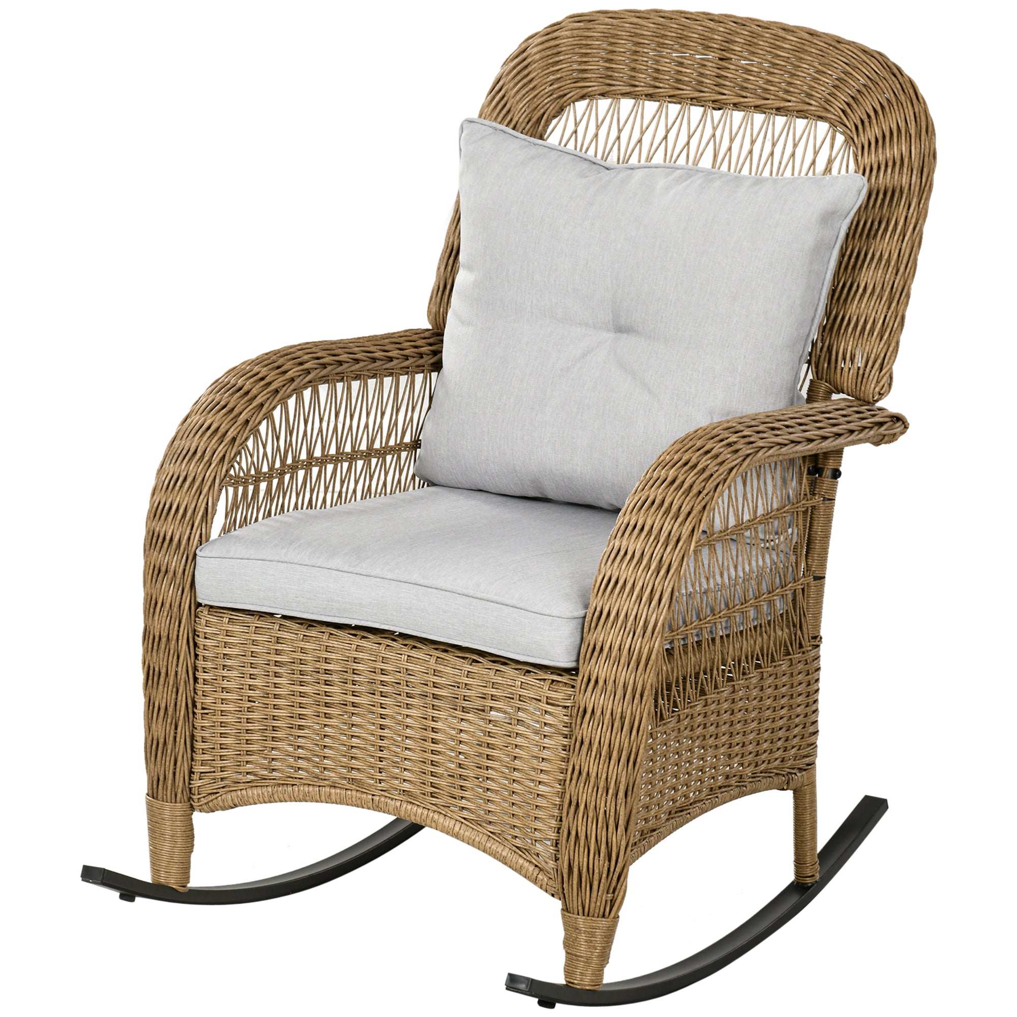 Outsunny Outdoor PE Rattan Rocking Chair with Cushions, Patio Luxury Round Wicker Garden Porch Furniture w/ Armrest and High Backrest for Backyard, Garden, Light Grey