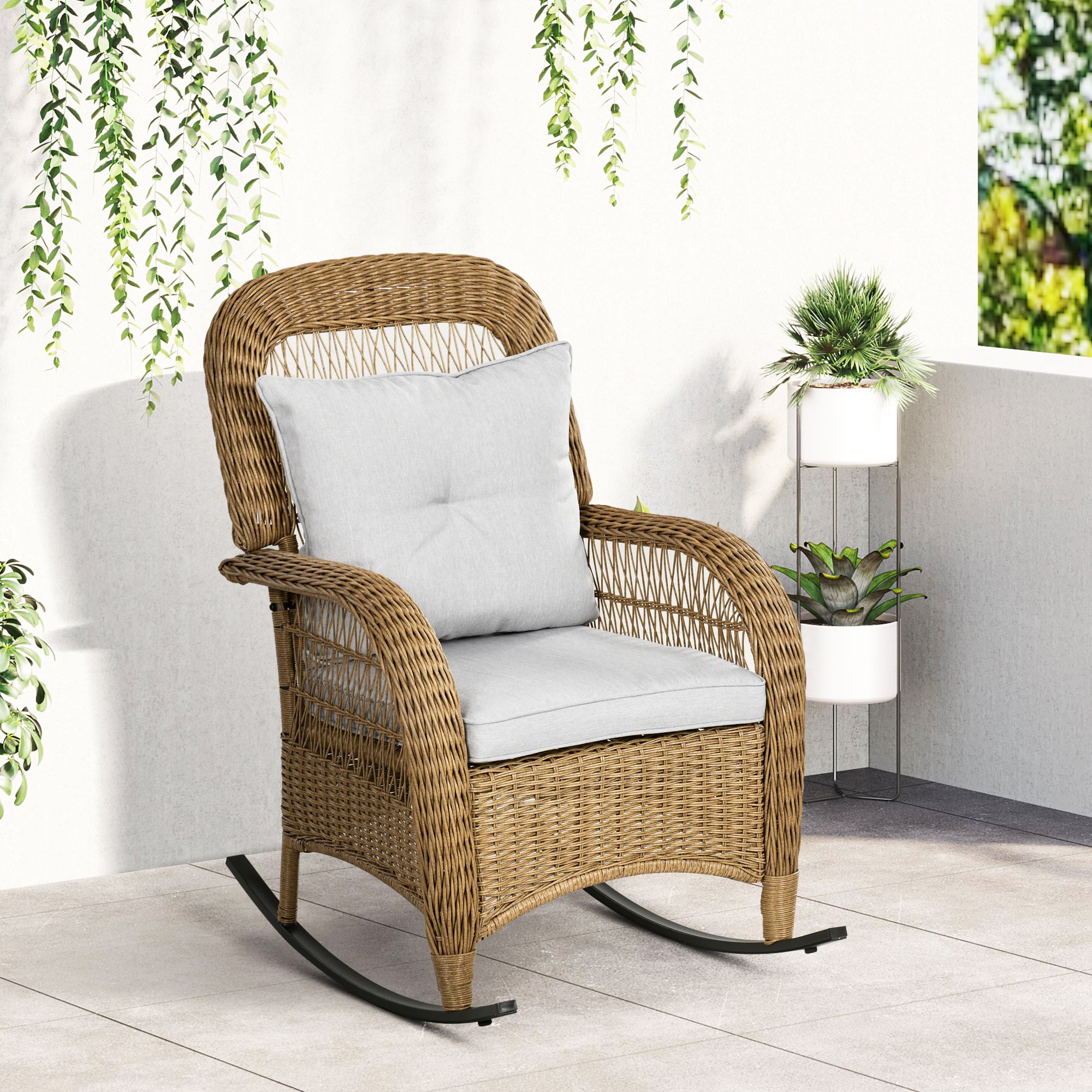 Outsunny Outdoor PE Rattan Rocking Chair with Cushions, Patio Luxury Round Wicker Garden Porch Furniture w/ Armrest and High Backrest for Backyard, Garden, Light Grey