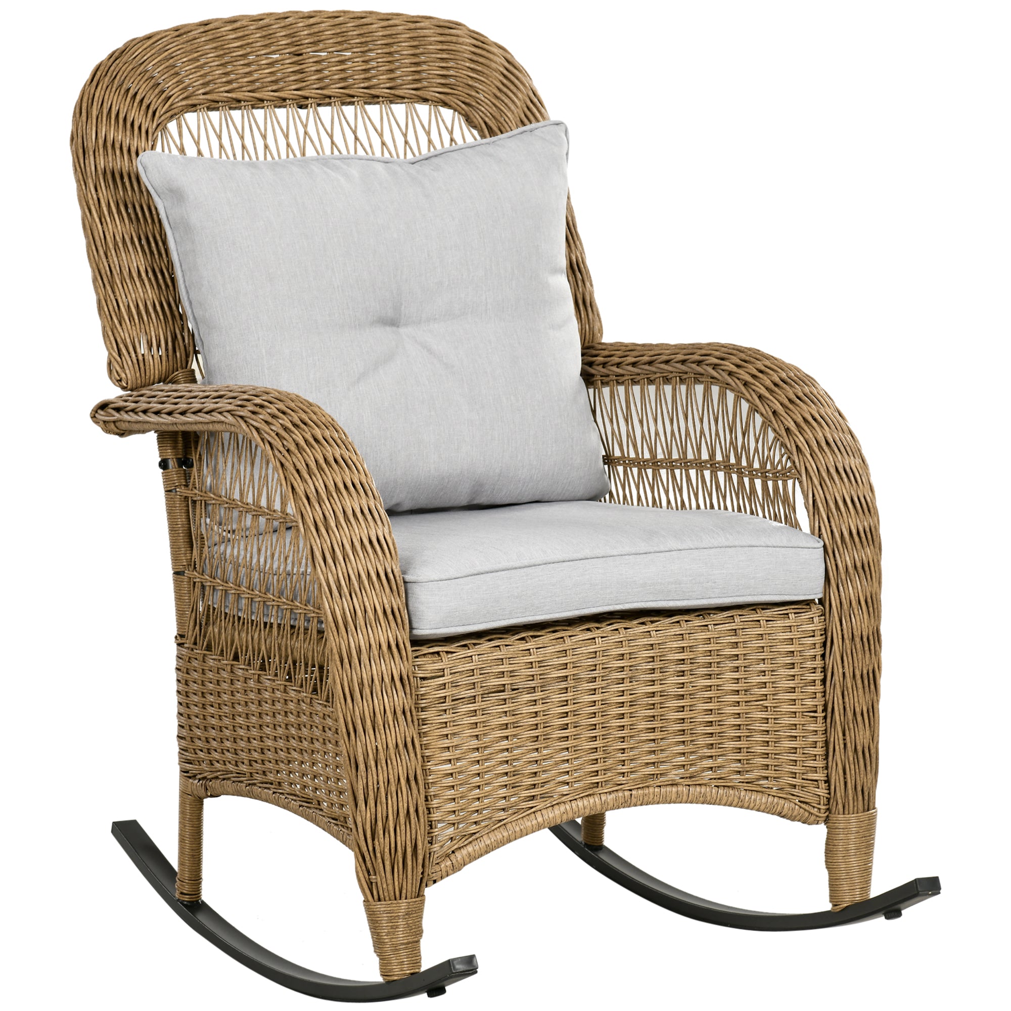Outsunny Outdoor PE Rattan Rocking Chair with Cushions, Patio Luxury Round Wicker Garden Porch Furniture w/ Armrest and High Backrest for Backyard, Garden, Light Grey