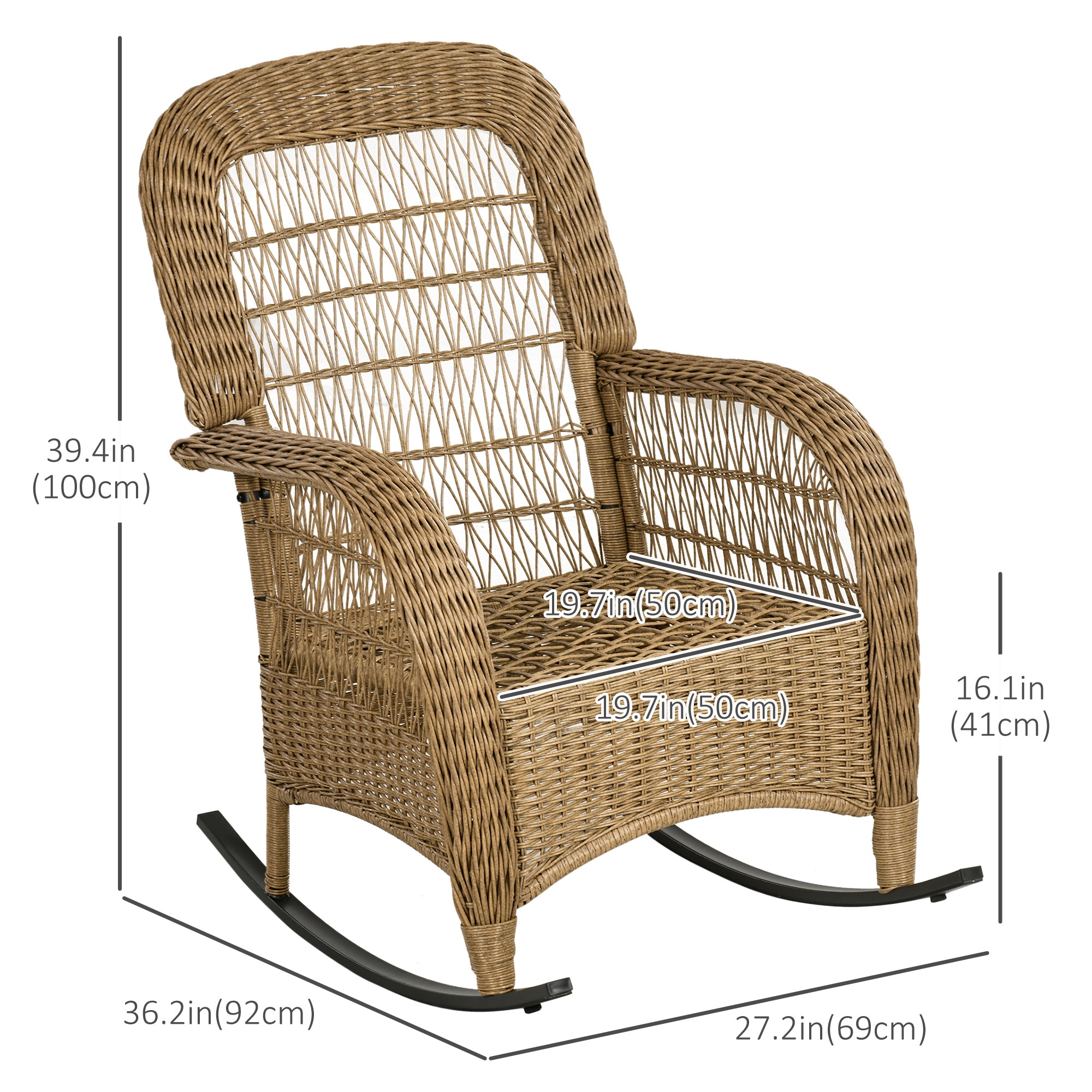 Outsunny Outdoor PE Rattan Rocking Chair with Cushions, Patio Luxury Round Wicker Garden Porch Furniture w/ Armrest and High Backrest for Backyard, Garden, Light Grey