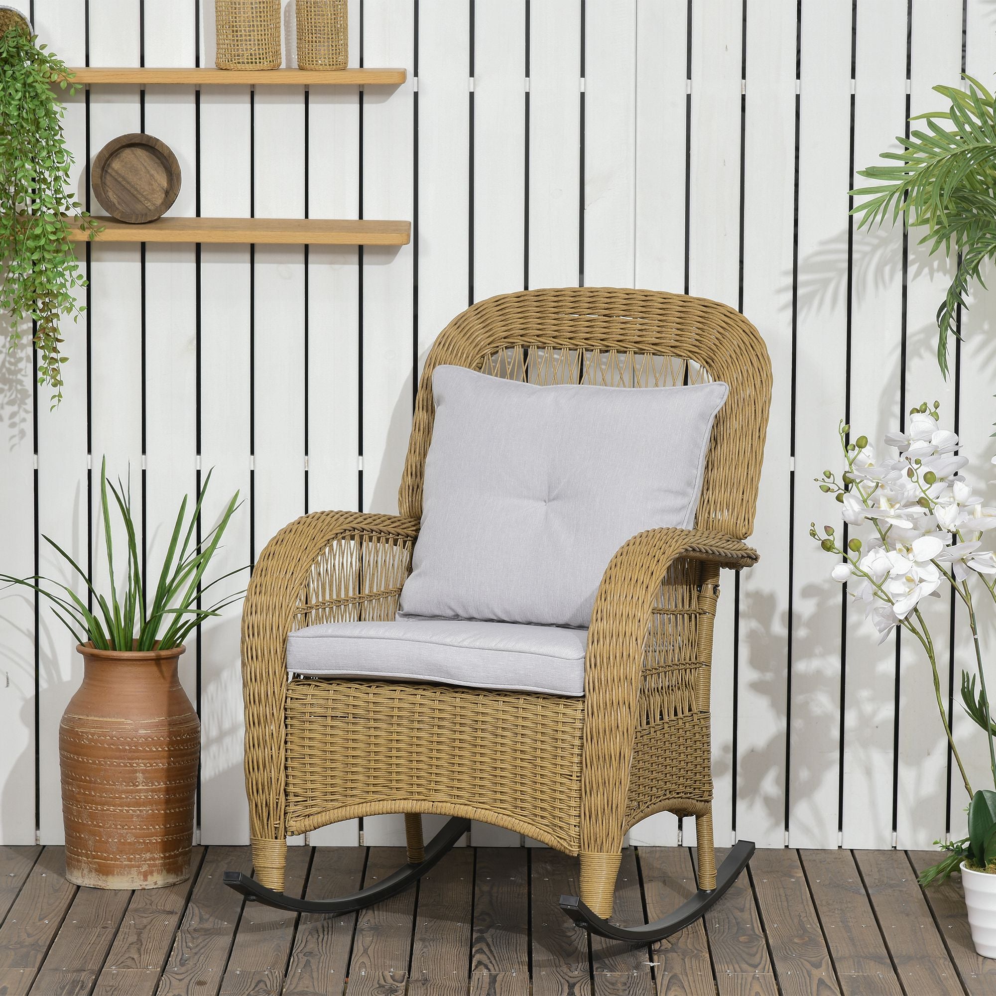 Outsunny Outdoor PE Rattan Rocking Chair with Cushions, Patio Luxury Round Wicker Garden Porch Furniture w/ Armrest and High Backrest for Backyard, Garden, Light Grey
