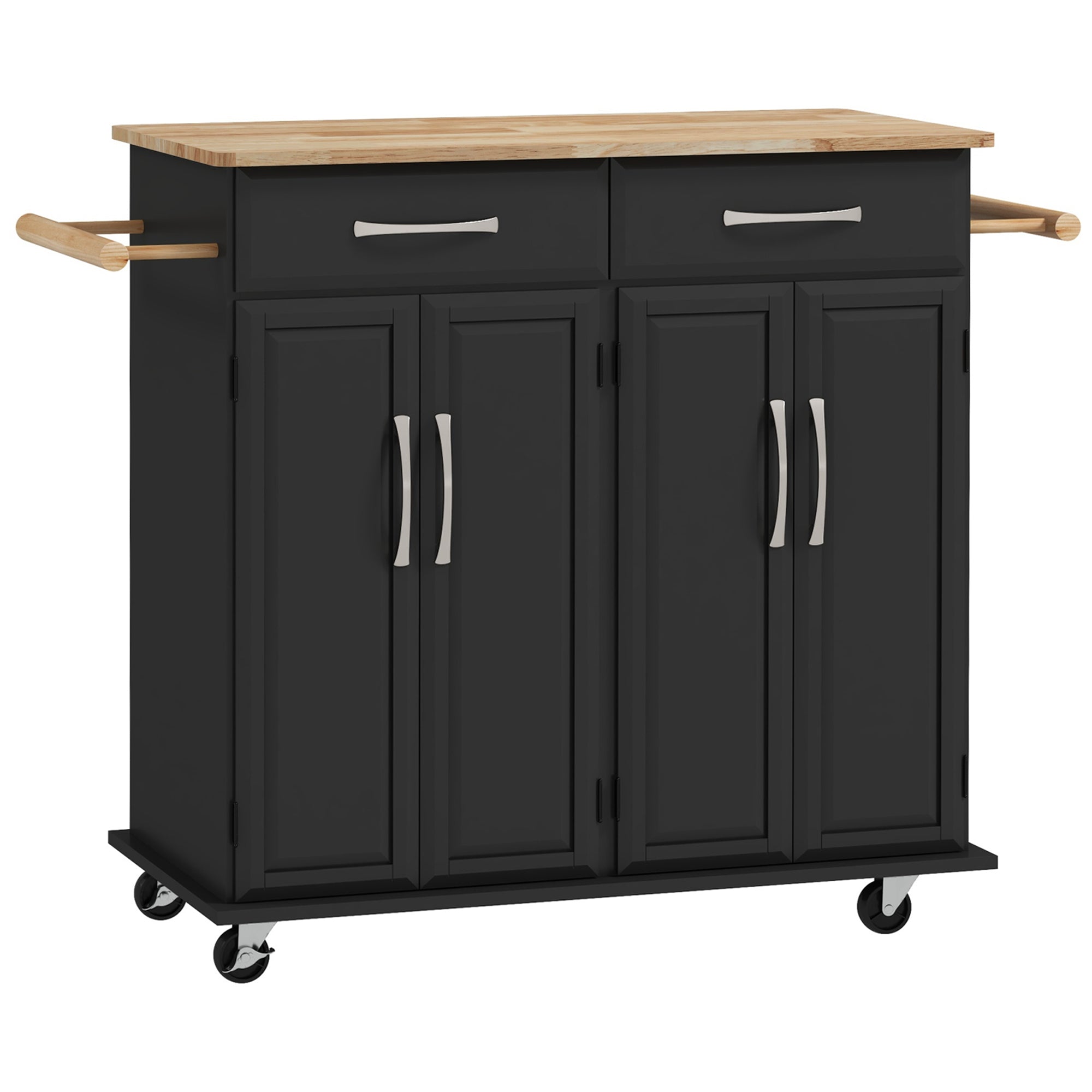 HOMCOM Kitchen Island with Storage, Rolling Kitchen Cart on Wheels with 2 Drawers, 2 Cabinets, Rubberwood Top and Towel Racks (Black)