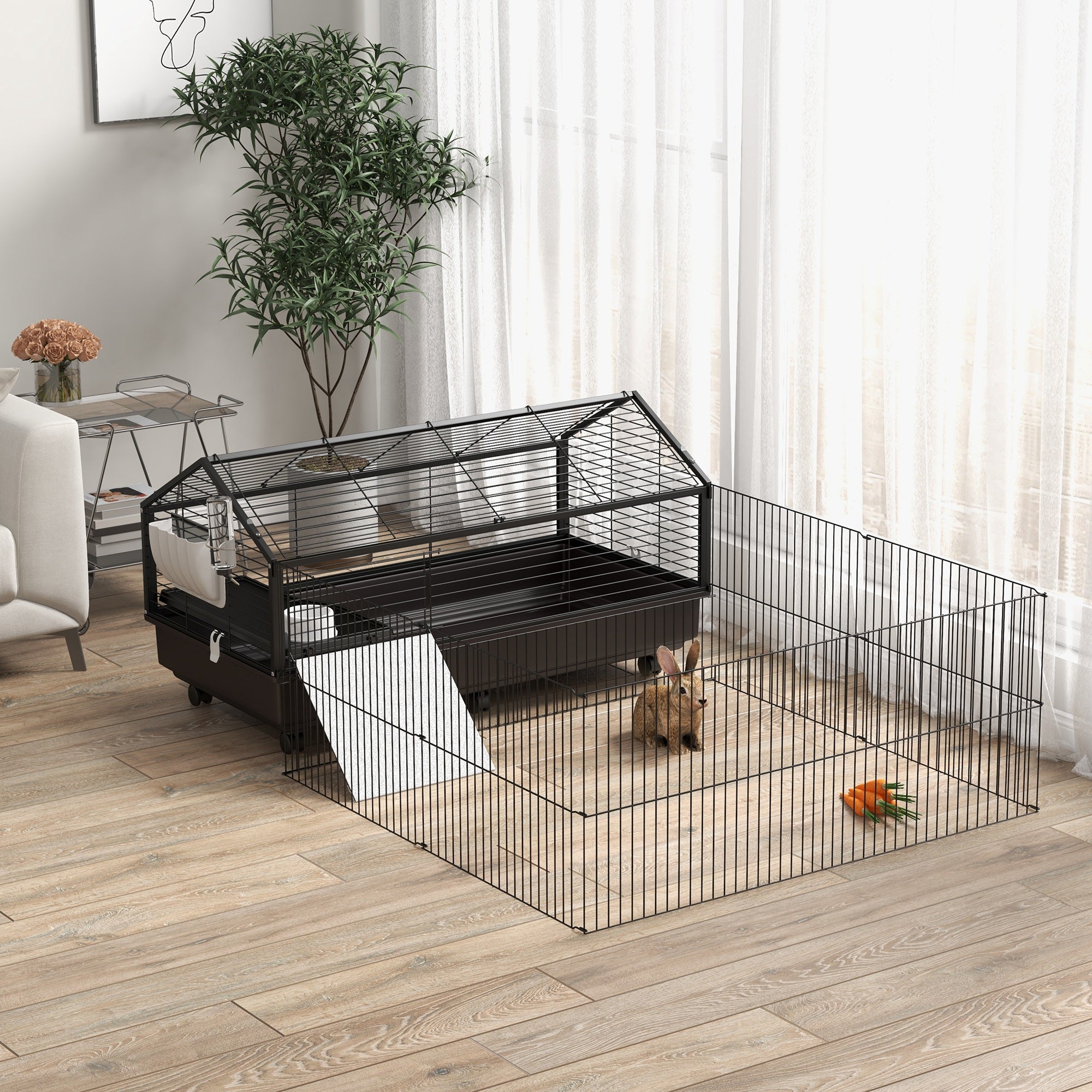 PawHut Metal Small Animal Cage, Rabbit Cage for Guinea Pig, Chinchilla, Hedgehog, Bunny with Removable Wheels and Foldable Detachable Run Fence 47.2