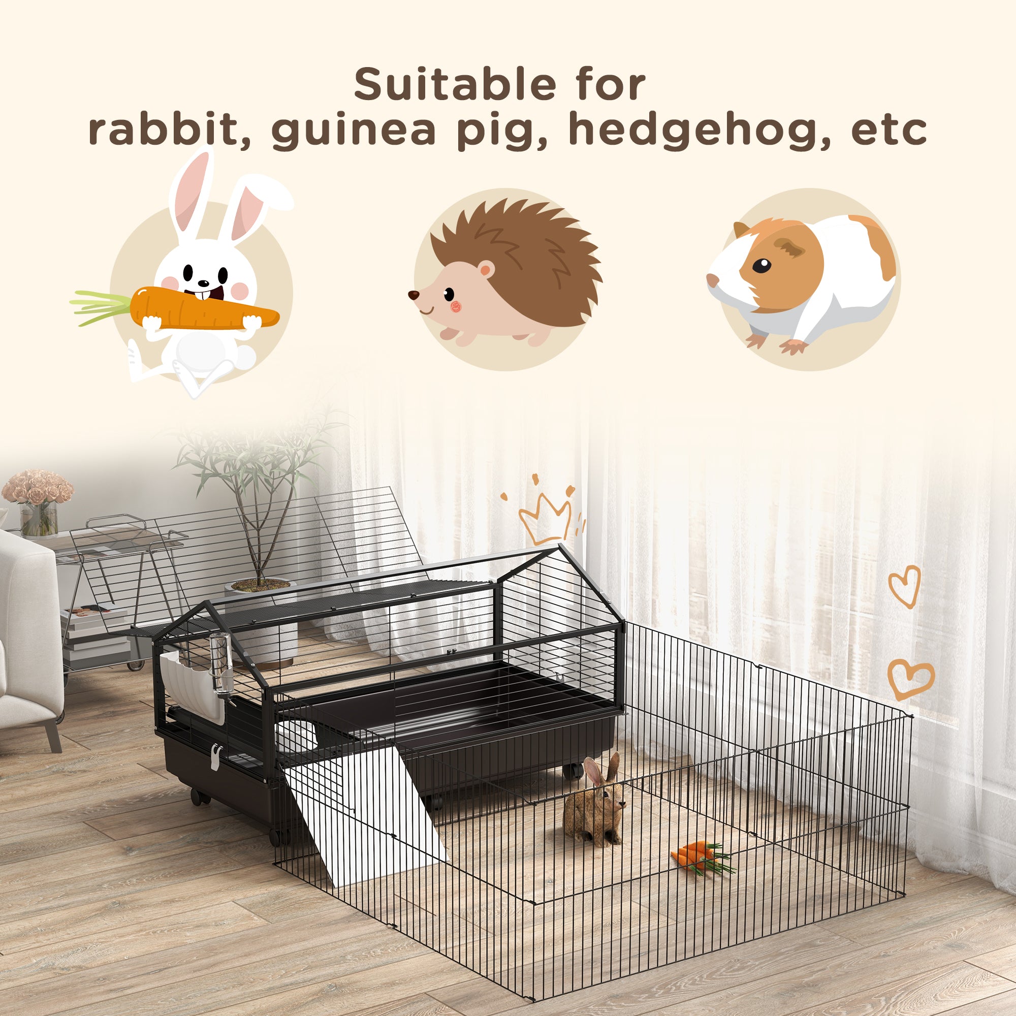 PawHut Metal Small Animal Cage, Rabbit Cage for Guinea Pig, Chinchilla, Hedgehog, Bunny with Removable Wheels and Foldable Detachable Run Fence 47.2