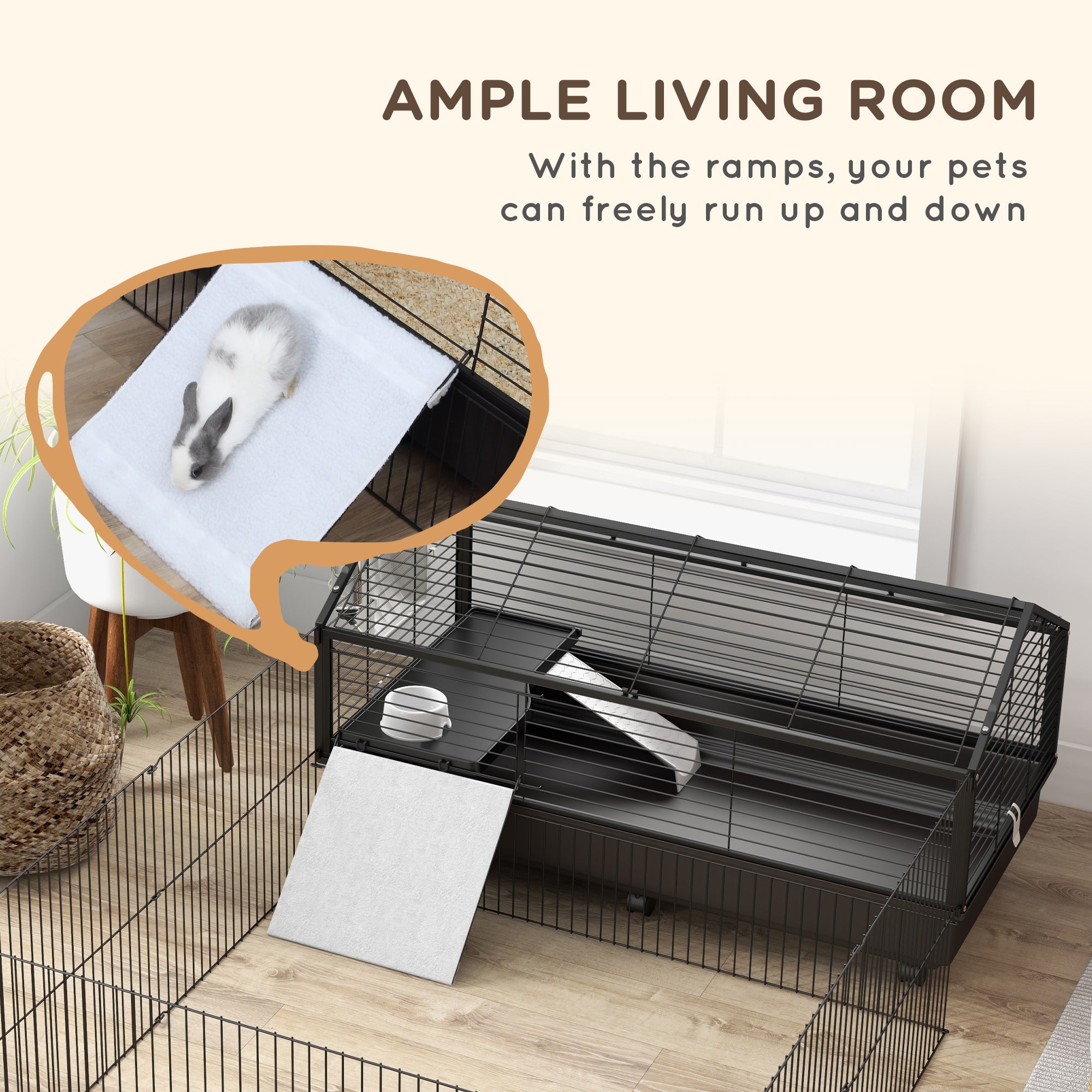 PawHut Metal Small Animal Cage, Rabbit Cage for Guinea Pig, Chinchilla, Hedgehog, Bunny with Removable Wheels and Foldable Detachable Run Fence 47.2