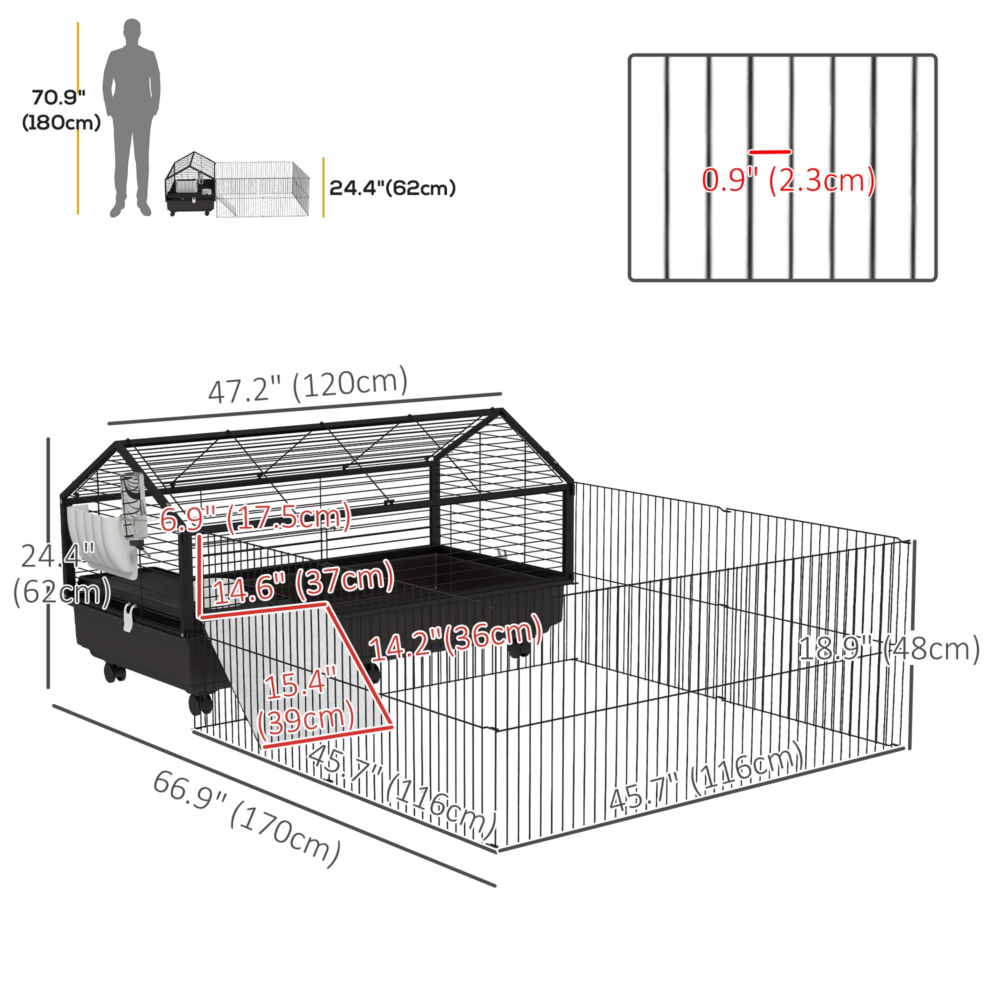 PawHut Metal Small Animal Cage, Rabbit Cage for Guinea Pig, Chinchilla, Hedgehog, Bunny with Removable Wheels and Foldable Detachable Run Fence 47.2