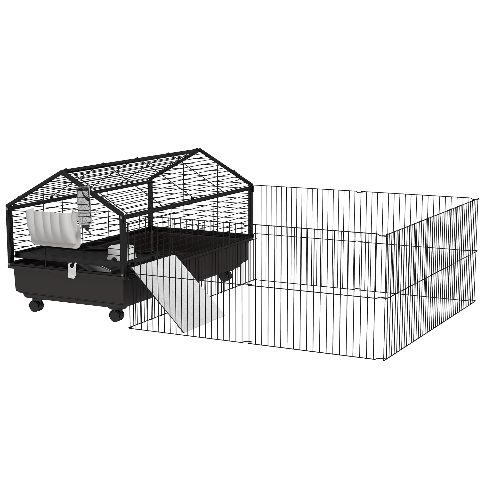 PawHut Metal Small Animal Cage, Rabbit Cage for Guinea Pig, Chinchilla, Hedgehog, Bunny with Removable Wheels and Foldable Detachable Run Fence 47.2" L x 66.9" W x 24.4"H