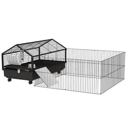 PawHut Metal Small Animal Cage, Rabbit Cage for Guinea Pig, Chinchilla, Hedgehog, Bunny with Removable Wheels and Foldable Detachable Run Fence 47.2" L x 66.9" W x 24.4"H