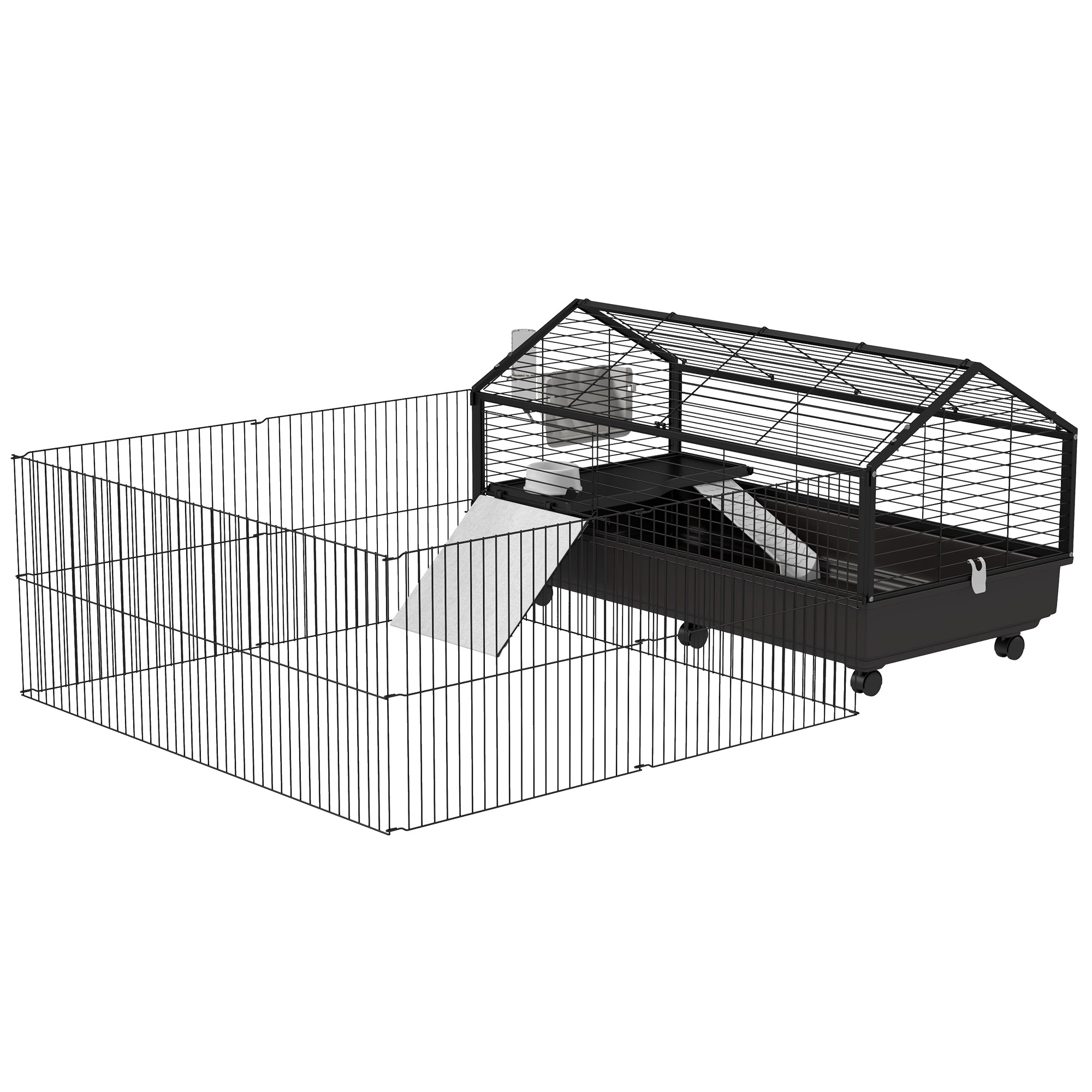 PawHut Metal Small Animal Cage, Rabbit Cage for Guinea Pig, Chinchilla, Hedgehog, Bunny with Removable Wheels and Foldable Detachable Run Fence 47.2" L x 66.9" W x 24.4"H