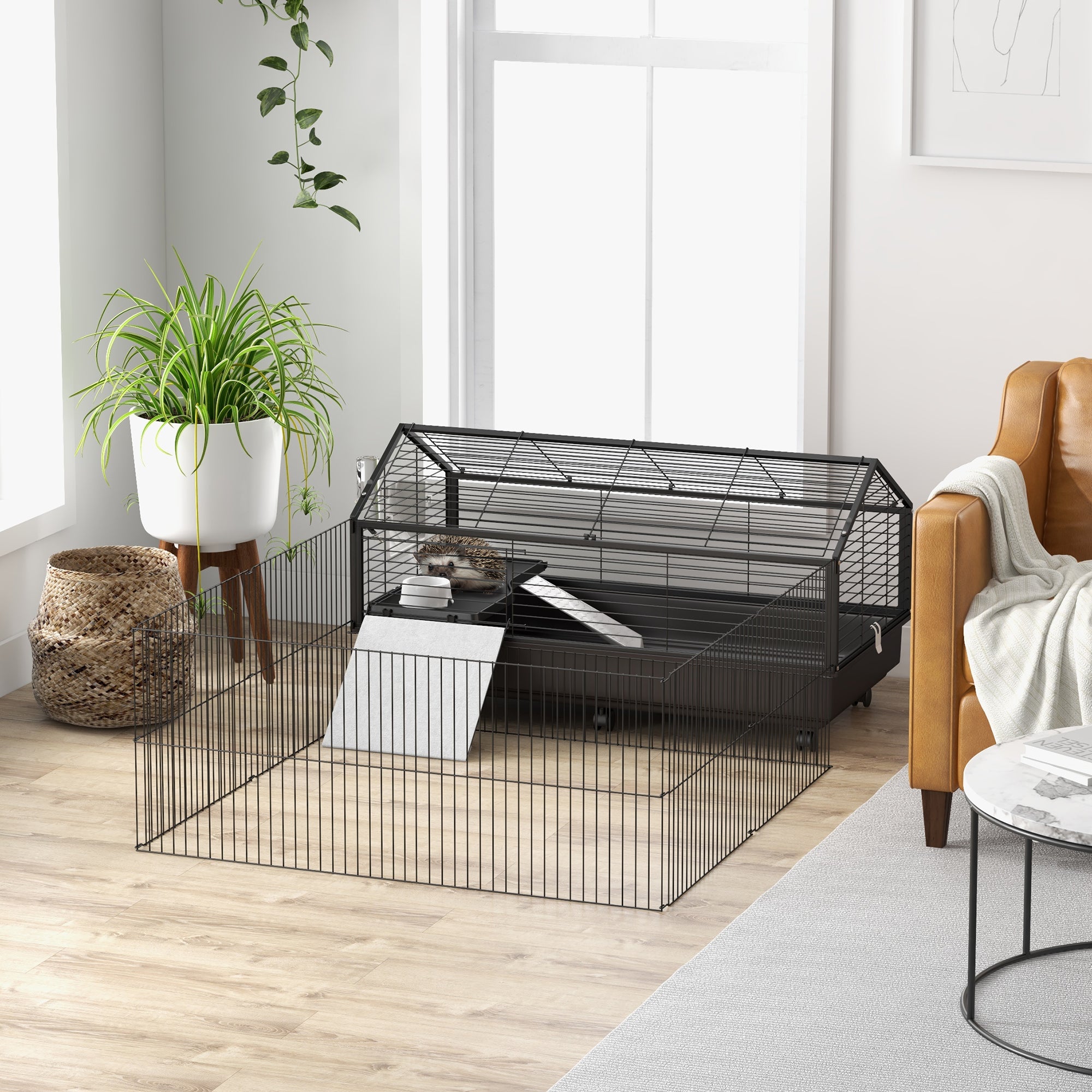 PawHut Metal Small Animal Cage, Rabbit Cage for Guinea Pig, Chinchilla, Hedgehog, Bunny with Removable Wheels and Foldable Detachable Run Fence 47.2