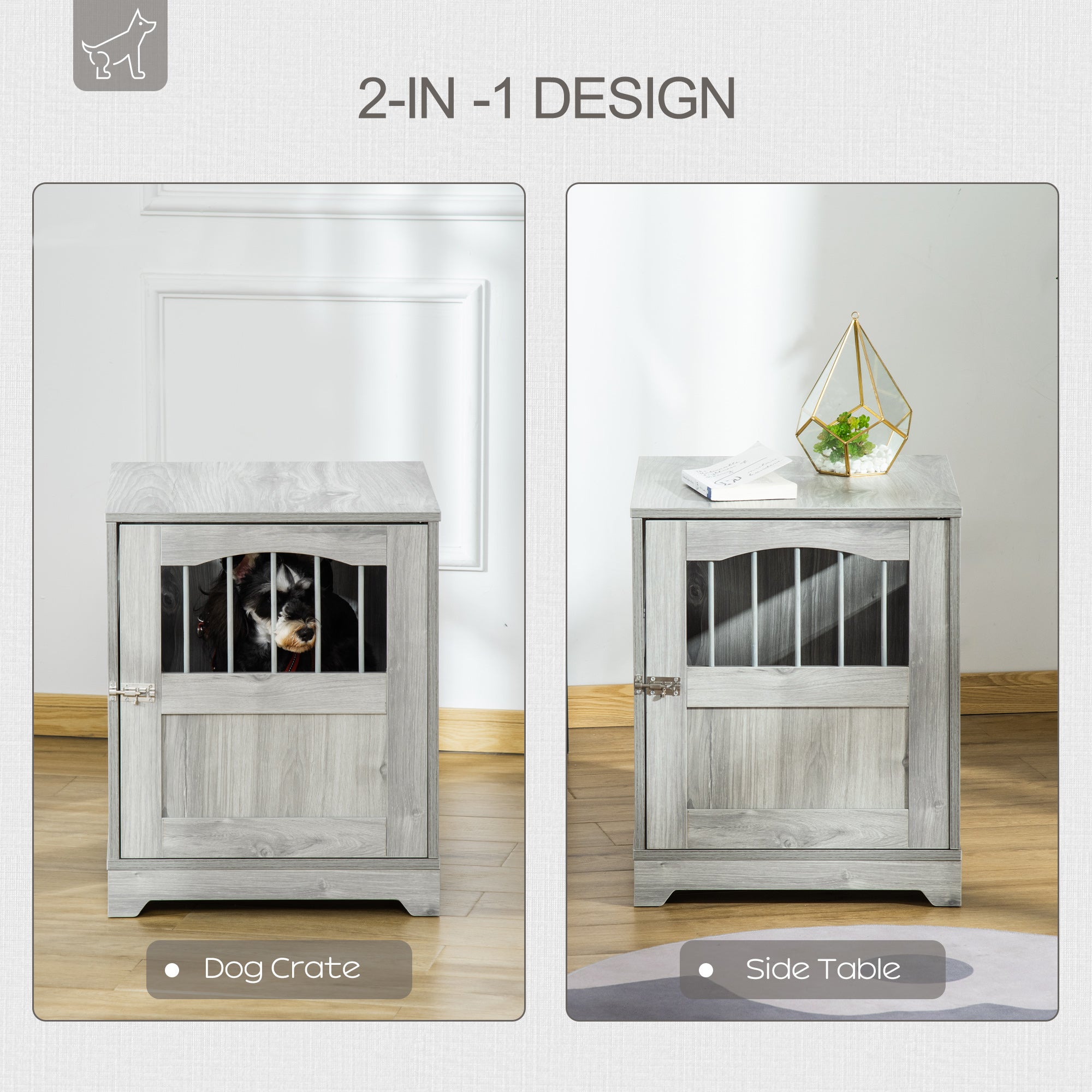 PawHut Furniture Style Dog Crate, Wooden End Table Pet Kennel with Lockable Door for Small Medium Dog Indoor Puppy Cage, Grey