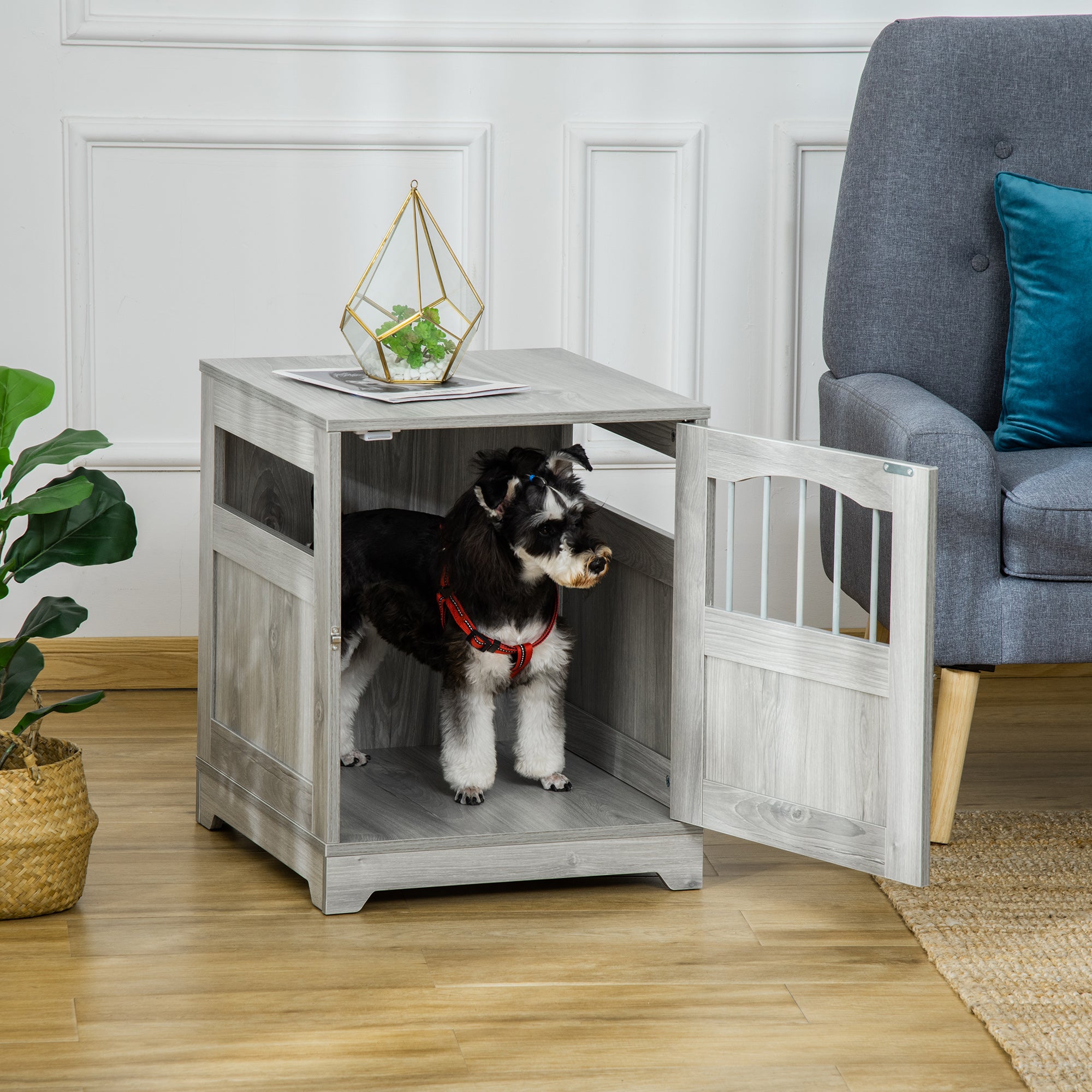 PawHut Furniture Style Dog Crate, Wooden End Table Pet Kennel with Lockable Door for Small Medium Dog Indoor Puppy Cage, Grey