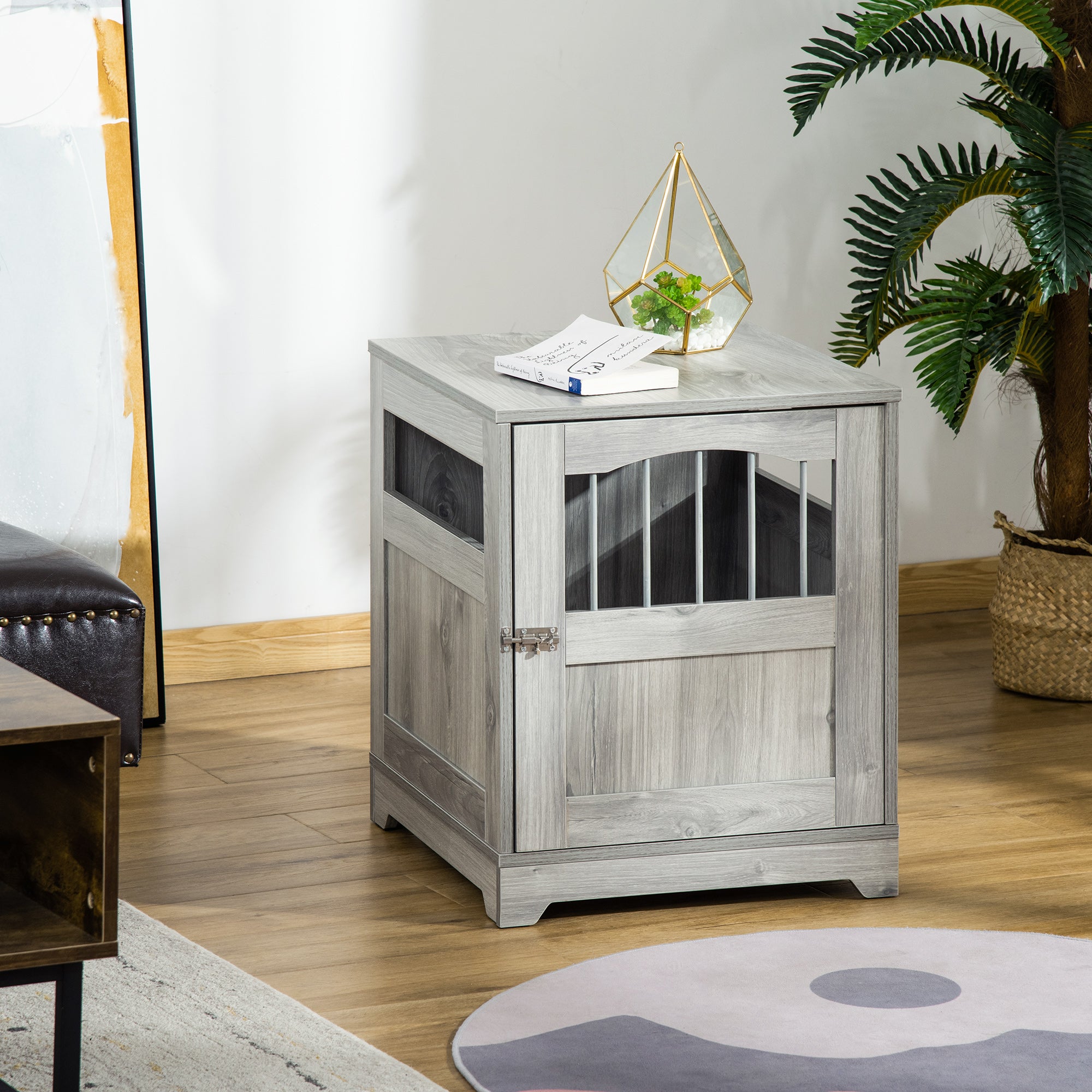 PawHut Furniture Style Dog Crate, Wooden End Table Pet Kennel with Lockable Door for Small Medium Dog Indoor Puppy Cage, Grey