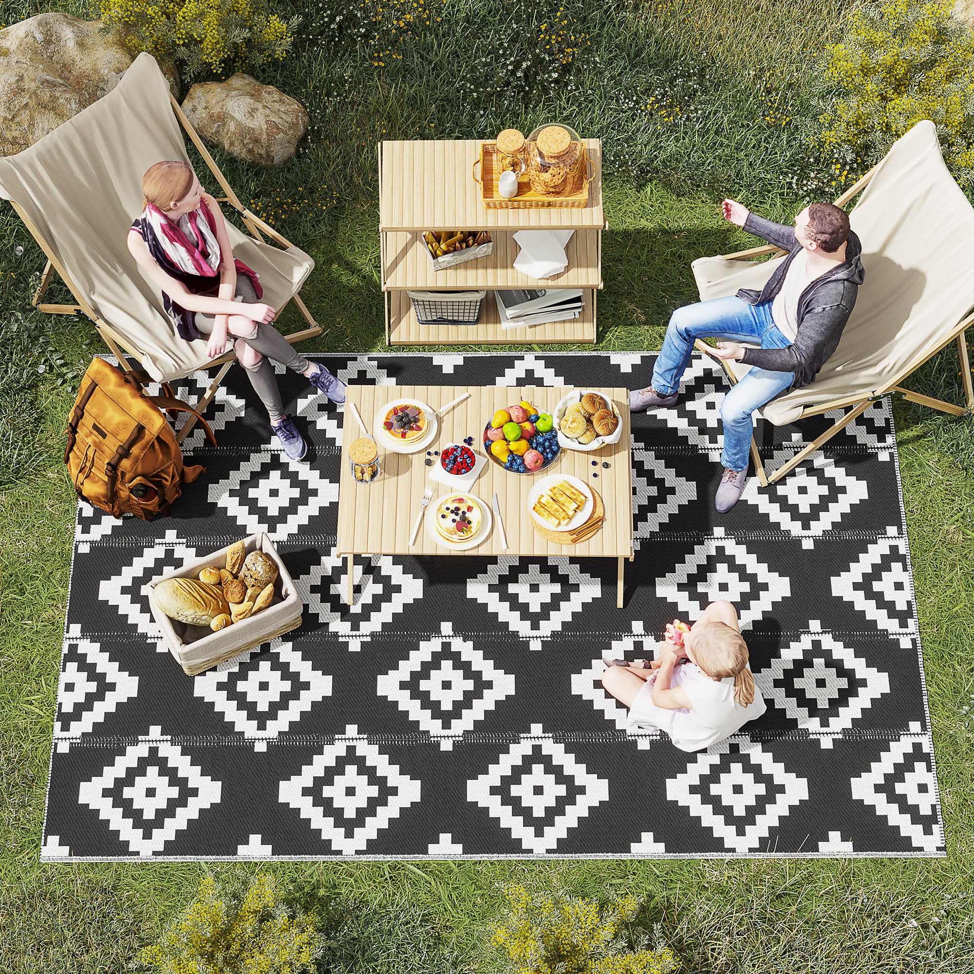 Outsunny Reversible Outdoor RV Rug, 6' x 9' Patio Floor Mat, Plastic Straw Rug for Backyard, Deck, Picnic, Beach, Camping, Large Diamond, Black and White