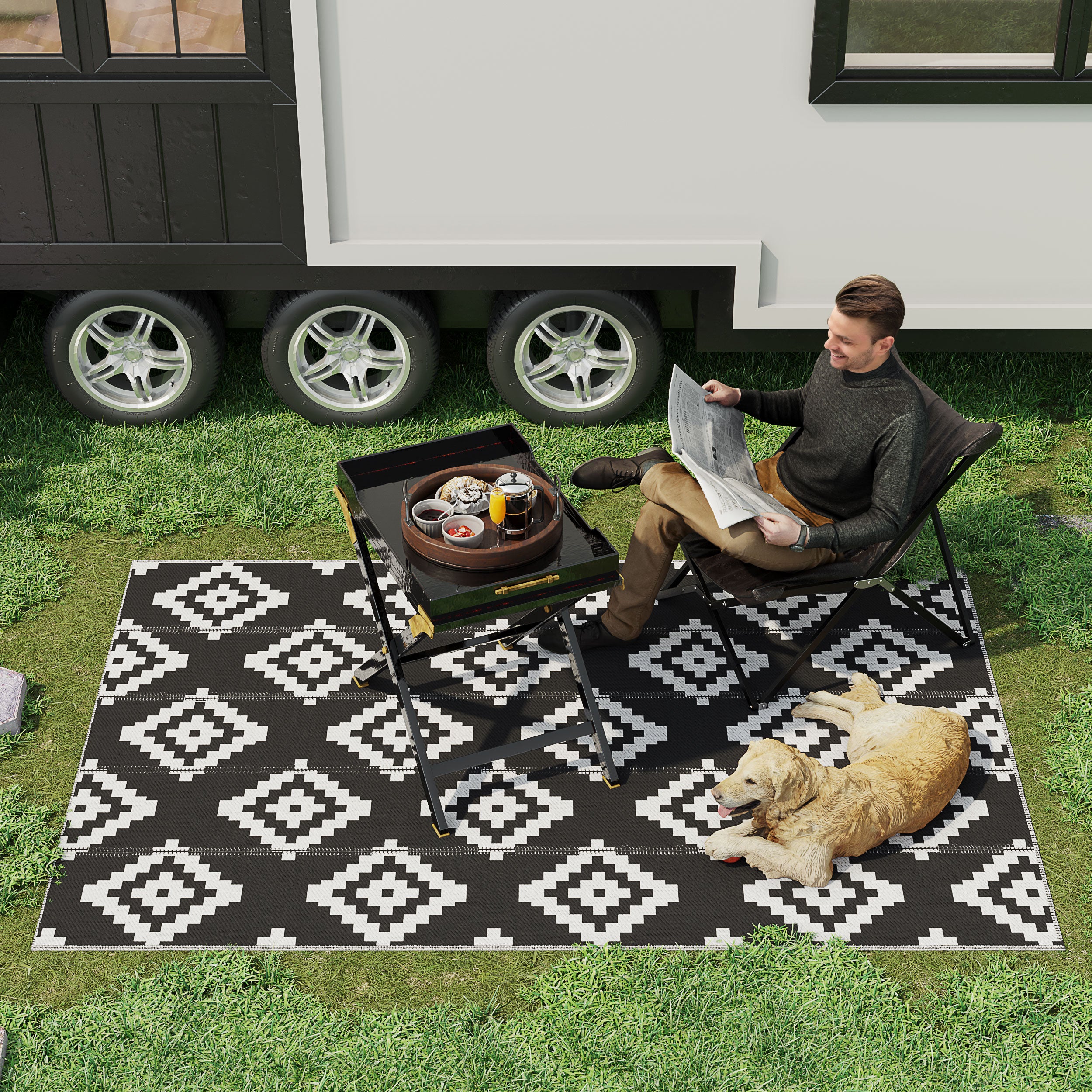 Outsunny Reversible Outdoor RV Rug, 6' x 9' Patio Floor Mat, Plastic Straw Rug for Backyard, Deck, Picnic, Beach, Camping, Large Diamond, Black and White