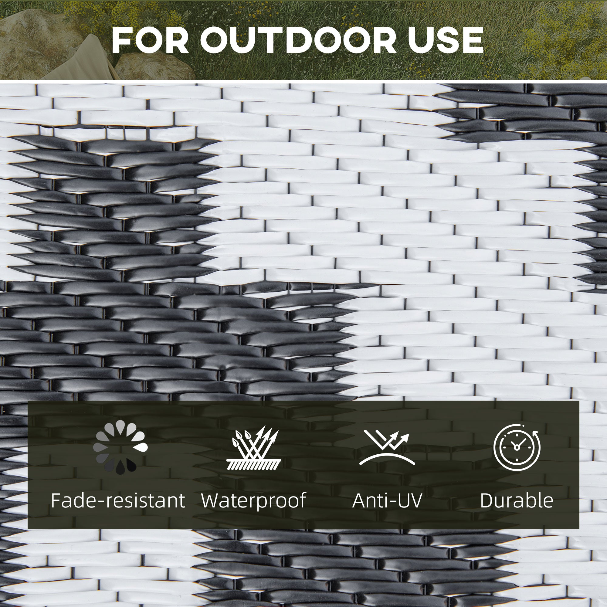 Outsunny Reversible Outdoor RV Rug, 6' x 9' Patio Floor Mat, Plastic Straw Rug for Backyard, Deck, Picnic, Beach, Camping, Large Diamond, Black and White