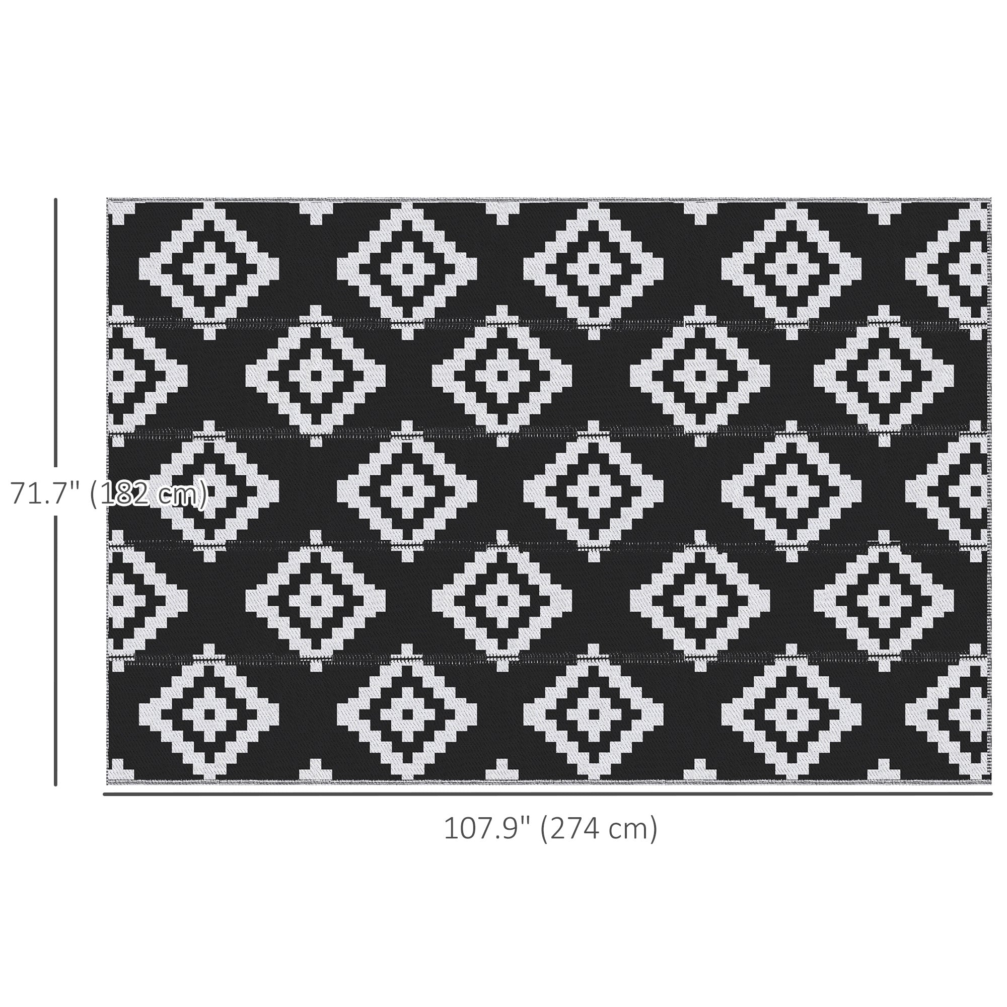 Outsunny Reversible Outdoor RV Rug, 6' x 9' Patio Floor Mat, Plastic Straw Rug for Backyard, Deck, Picnic, Beach, Camping, Large Diamond, Black and White