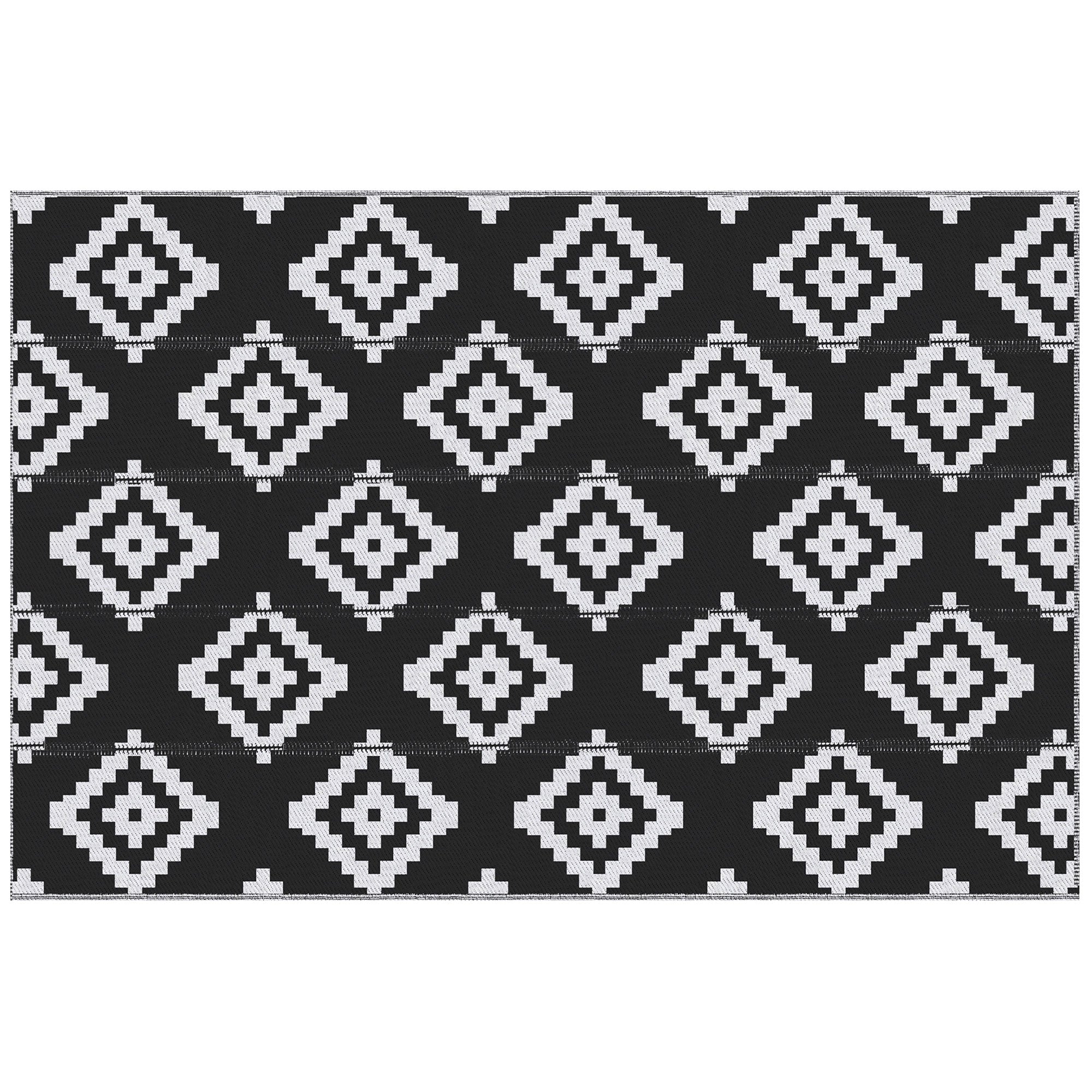 Outsunny Reversible Outdoor RV Rug, 6' x 9' Patio Floor Mat, Plastic Straw Rug for Backyard, Deck, Picnic, Beach, Camping, Large Diamond, Black and White