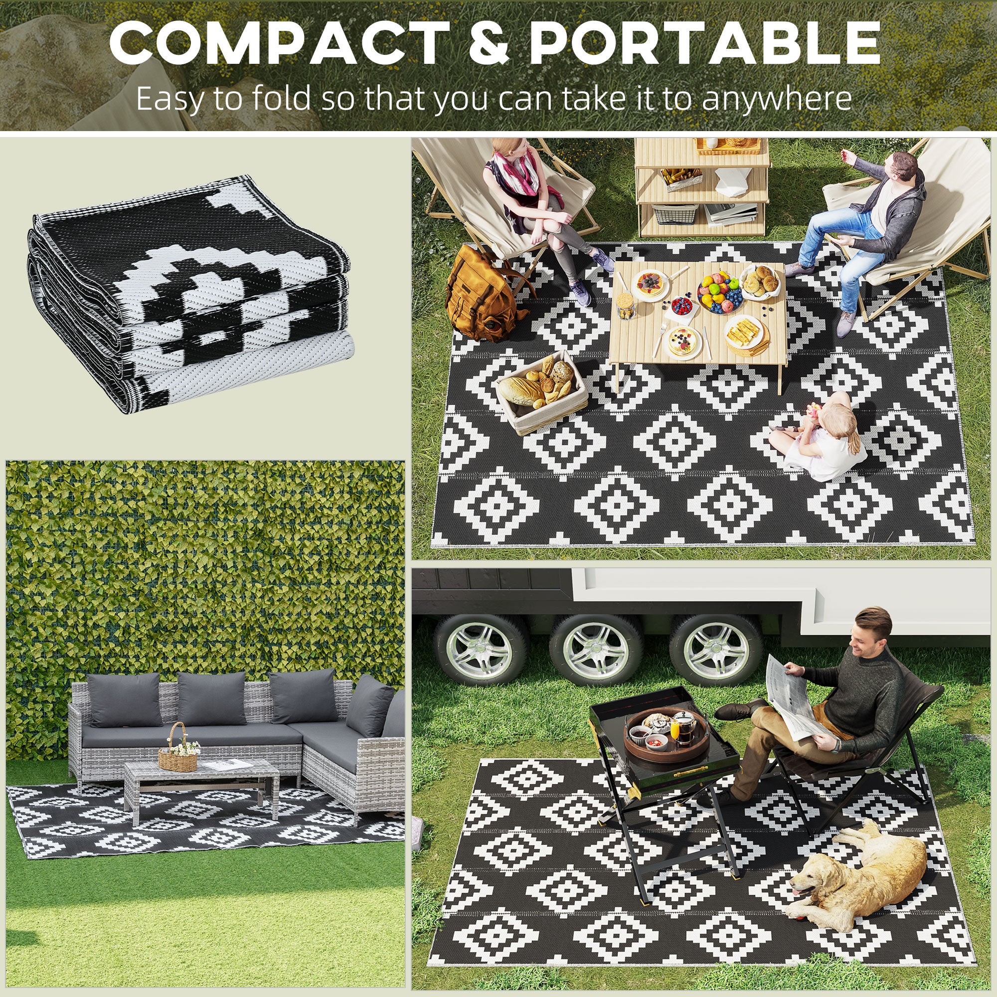 Outsunny Reversible Outdoor RV Rug, 6' x 9' Patio Floor Mat, Plastic Straw Rug for Backyard, Deck, Picnic, Beach, Camping, Large Diamond, Black and White