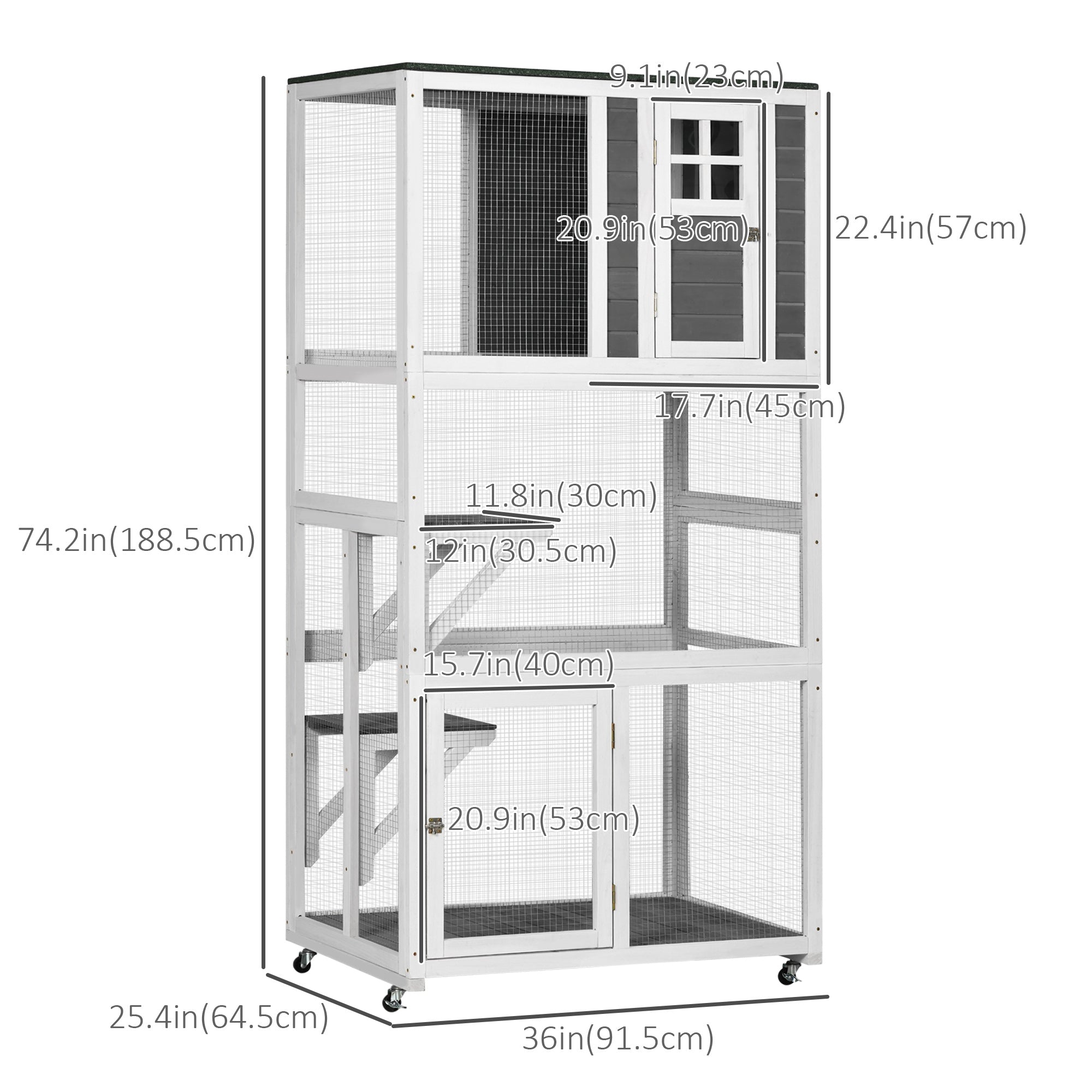 PawHut 74" Wooden Outdoor Cat House Weatherproof & Wheeled, Catio Outdoor Cat Enclosure with High Weight Capacity, Kitten Cage Condo, White