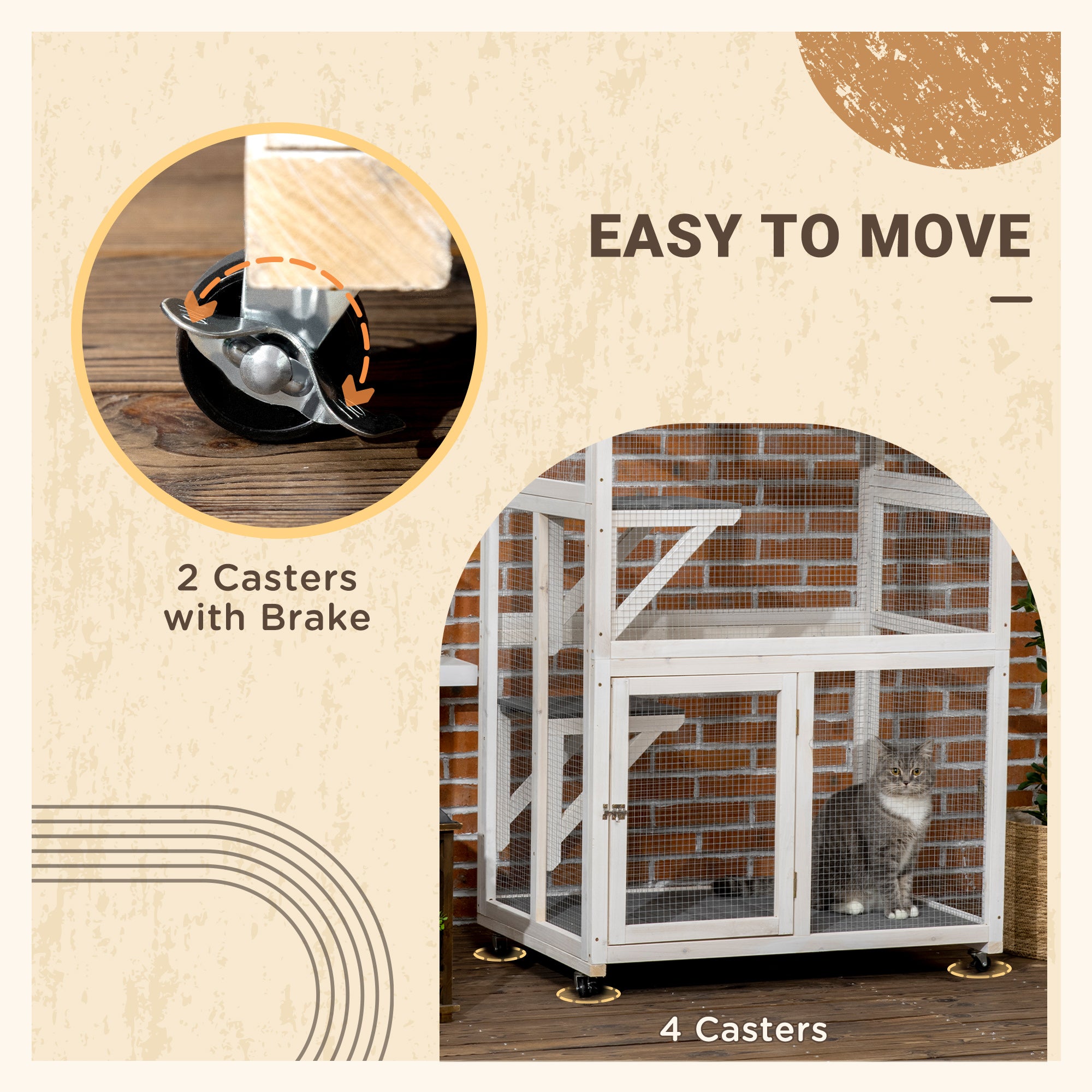 PawHut 74" Wooden Outdoor Cat House Weatherproof & Wheeled, Catio Outdoor Cat Enclosure with High Weight Capacity, Kitten Cage Condo, White