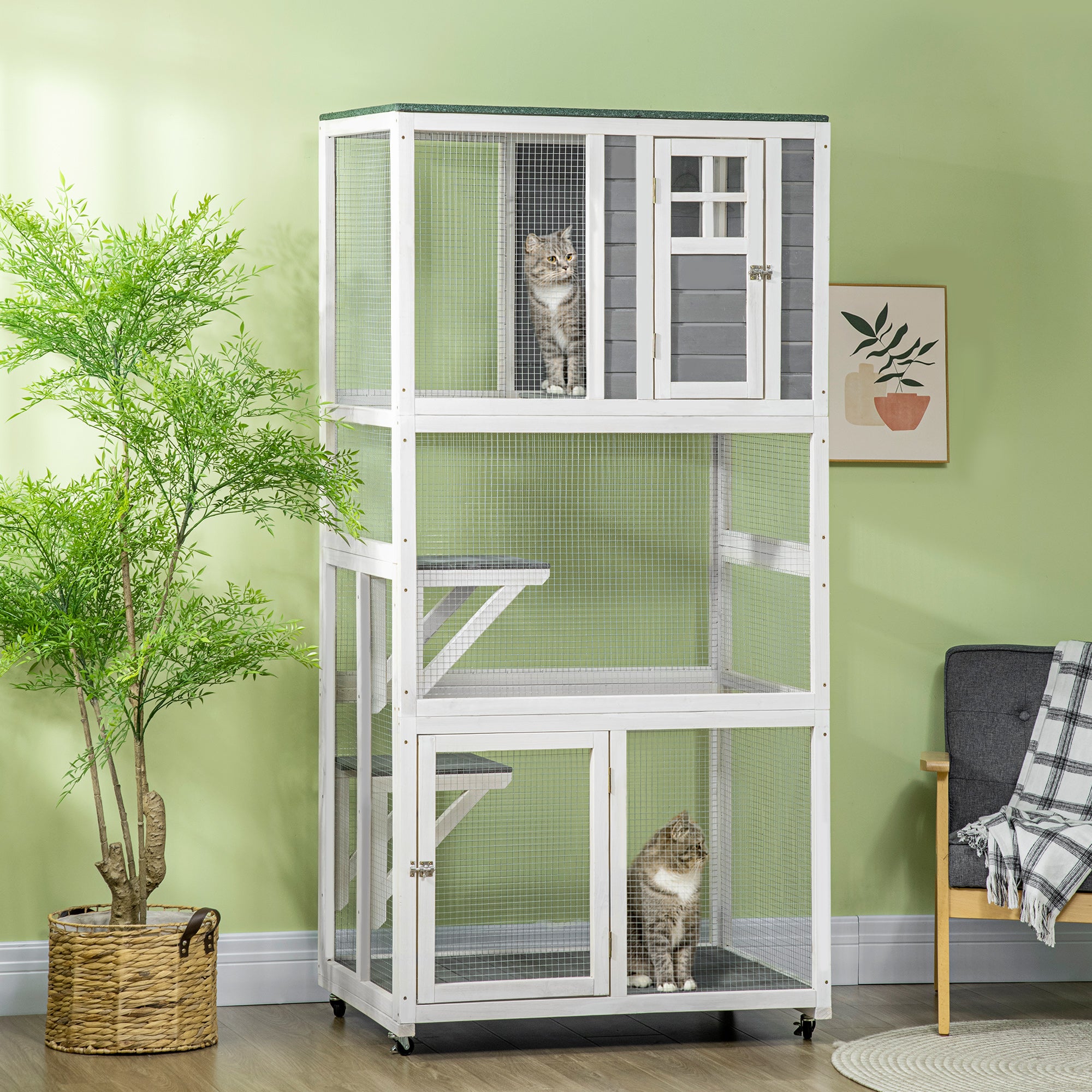 PawHut 74" Wooden Outdoor Cat House Weatherproof & Wheeled, Catio Outdoor Cat Enclosure with High Weight Capacity, Kitten Cage Condo, White
