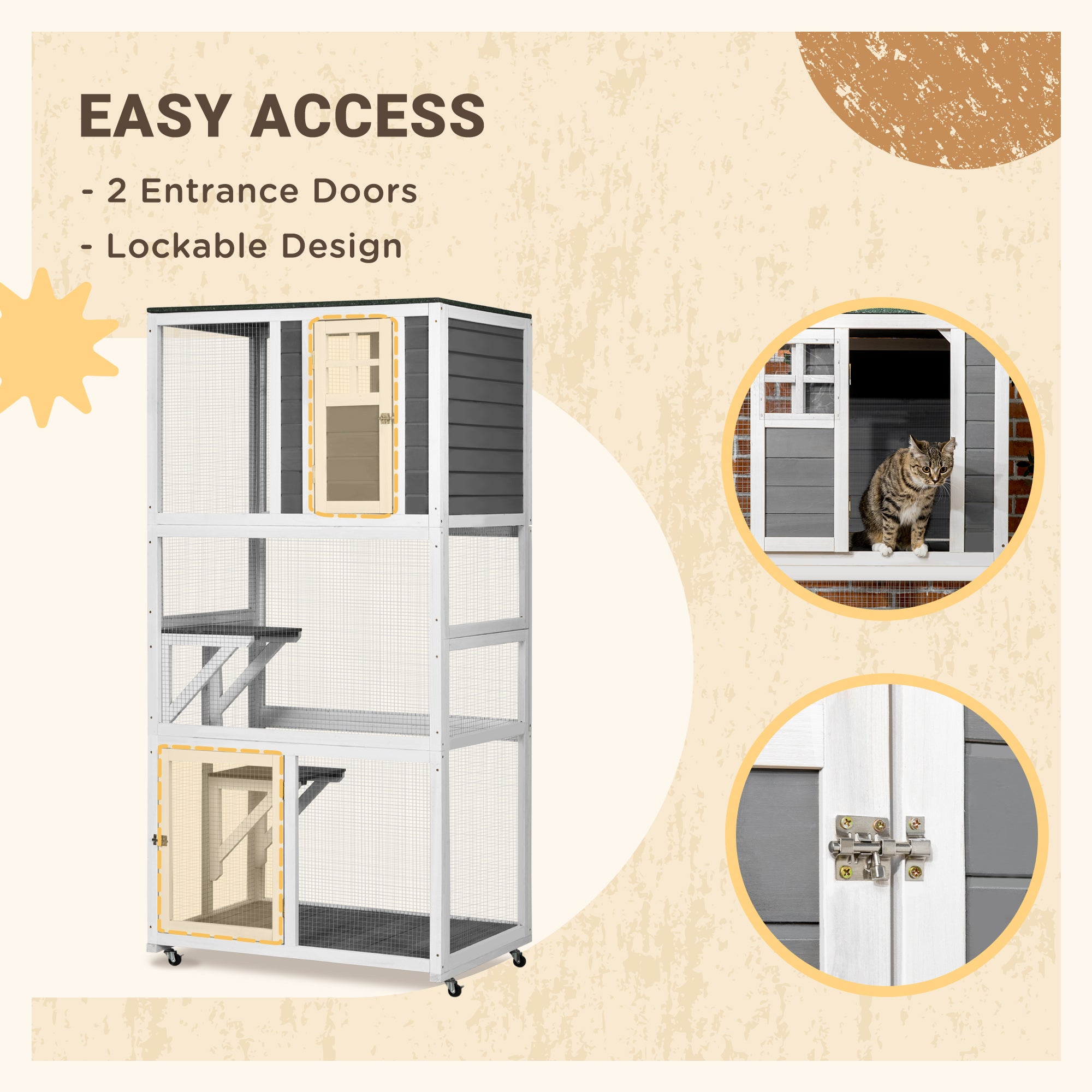 PawHut 74" Wooden Outdoor Cat House Weatherproof & Wheeled, Catio Outdoor Cat Enclosure with High Weight Capacity, Kitten Cage Condo, White