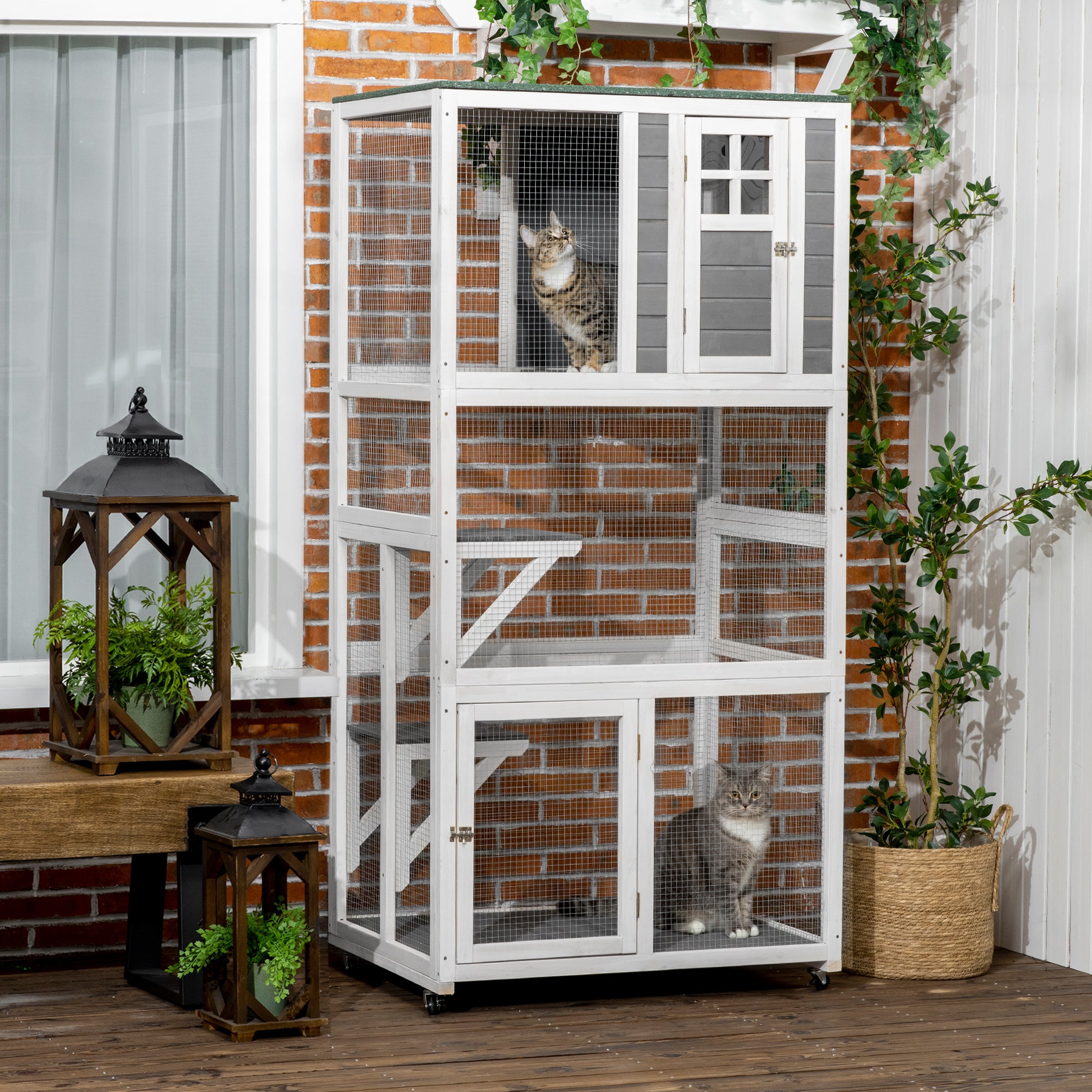 PawHut 74" Wooden Outdoor Cat House Weatherproof & Wheeled, Catio Outdoor Cat Enclosure with High Weight Capacity, Kitten Cage Condo, White