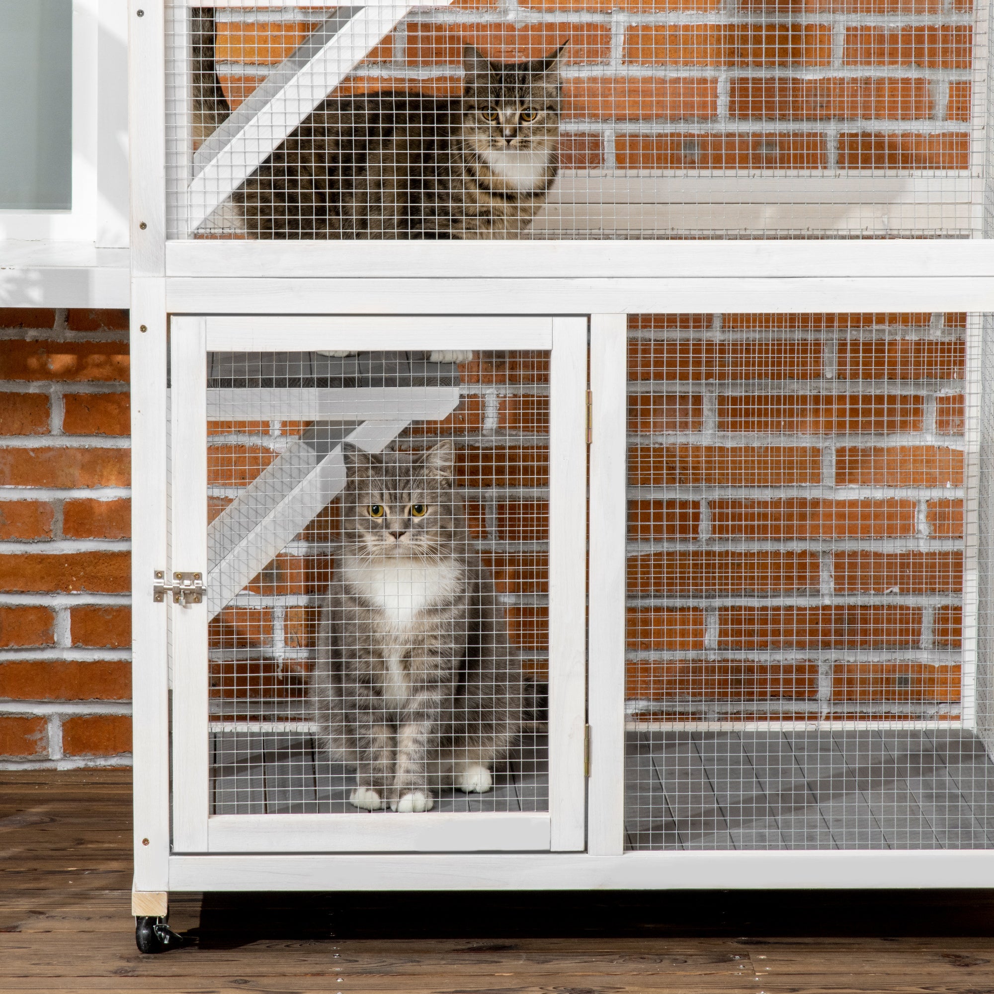 PawHut 74" Wooden Catio Outdoor Cat House Weatherproof & Wheeled, Outside Cat Enclosure with High Weight Capacity, Kitten Cage Condo, Dark Gray