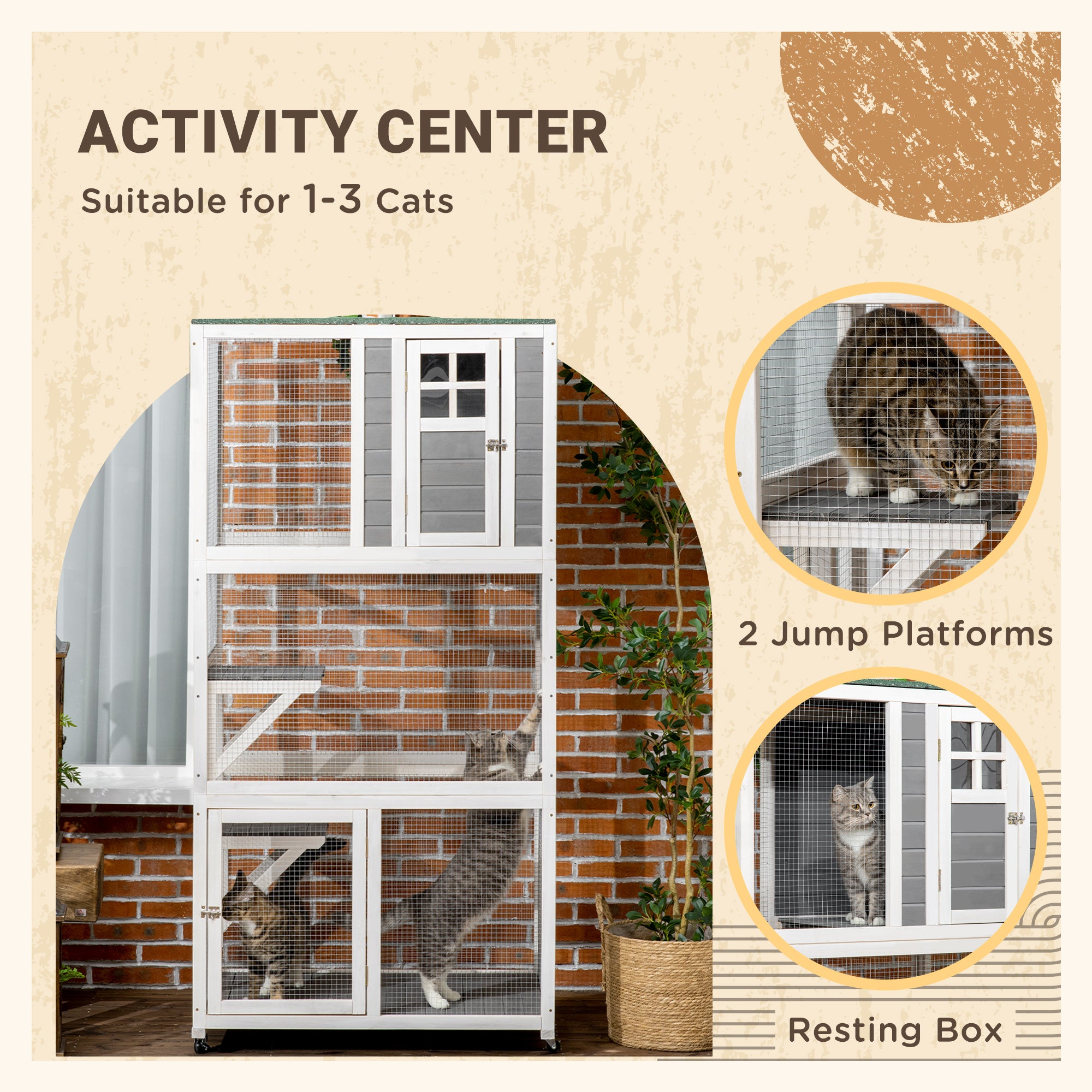 PawHut 74" Wooden Outdoor Cat House Weatherproof & Wheeled, Catio Outdoor Cat Enclosure with High Weight Capacity, Kitten Cage Condo, White