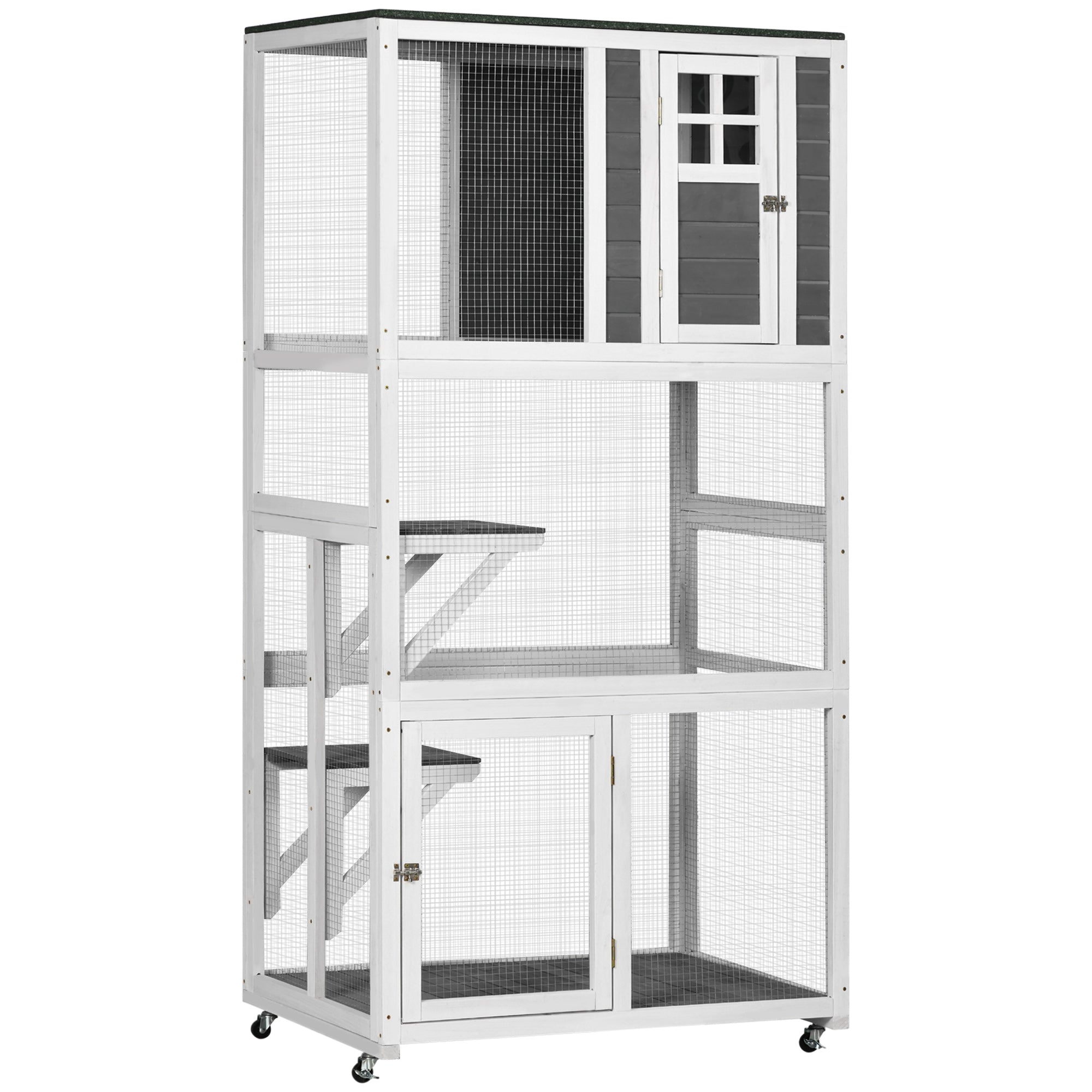 PawHut 74" Wooden Outdoor Cat House Weatherproof & Wheeled, Catio Outdoor Cat Enclosure with High Weight Capacity, Kitten Cage Condo, White