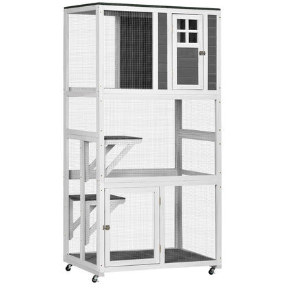 PawHut 74" Wooden Outdoor Cat House Weatherproof & Wheeled, Catio Outdoor Cat Enclosure with High Weight Capacity, Kitten Cage Condo, White
