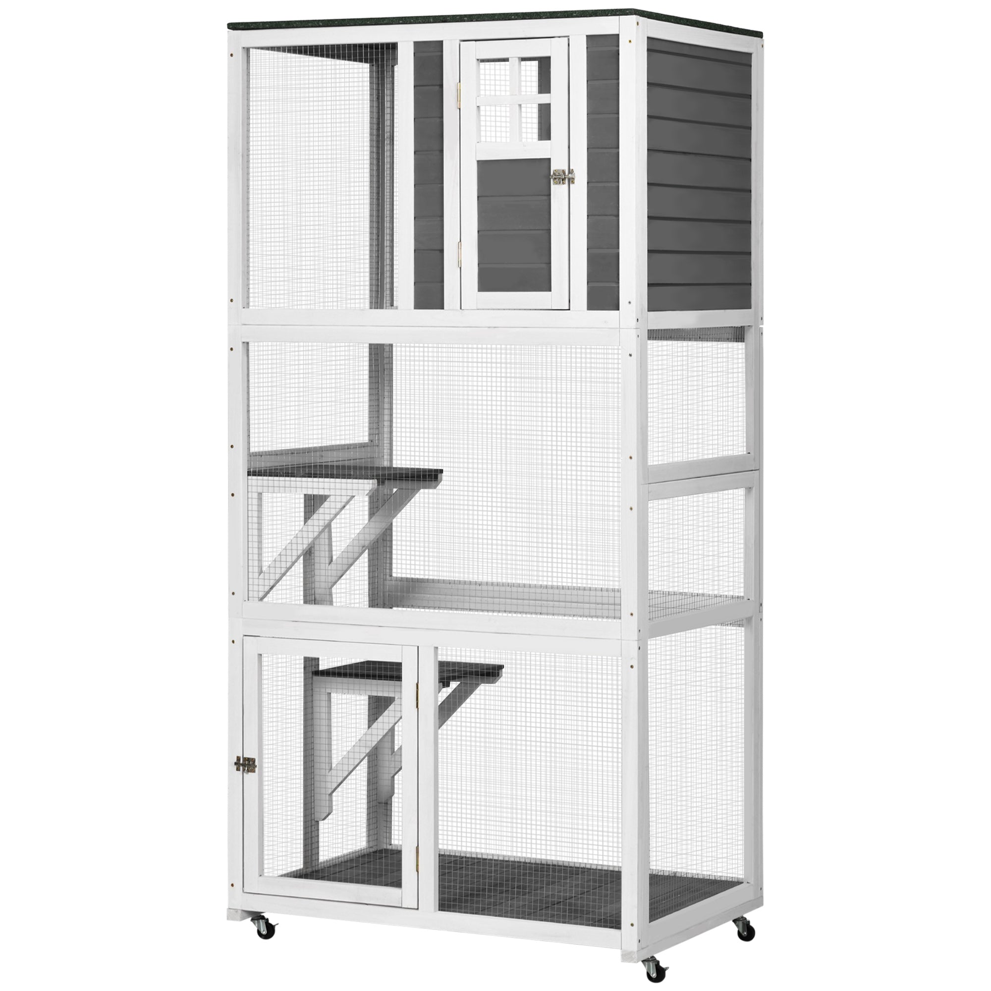 PawHut 74" Wooden Outdoor Cat House Weatherproof & Wheeled, Catio Outdoor Cat Enclosure with High Weight Capacity, Kitten Cage Condo, White