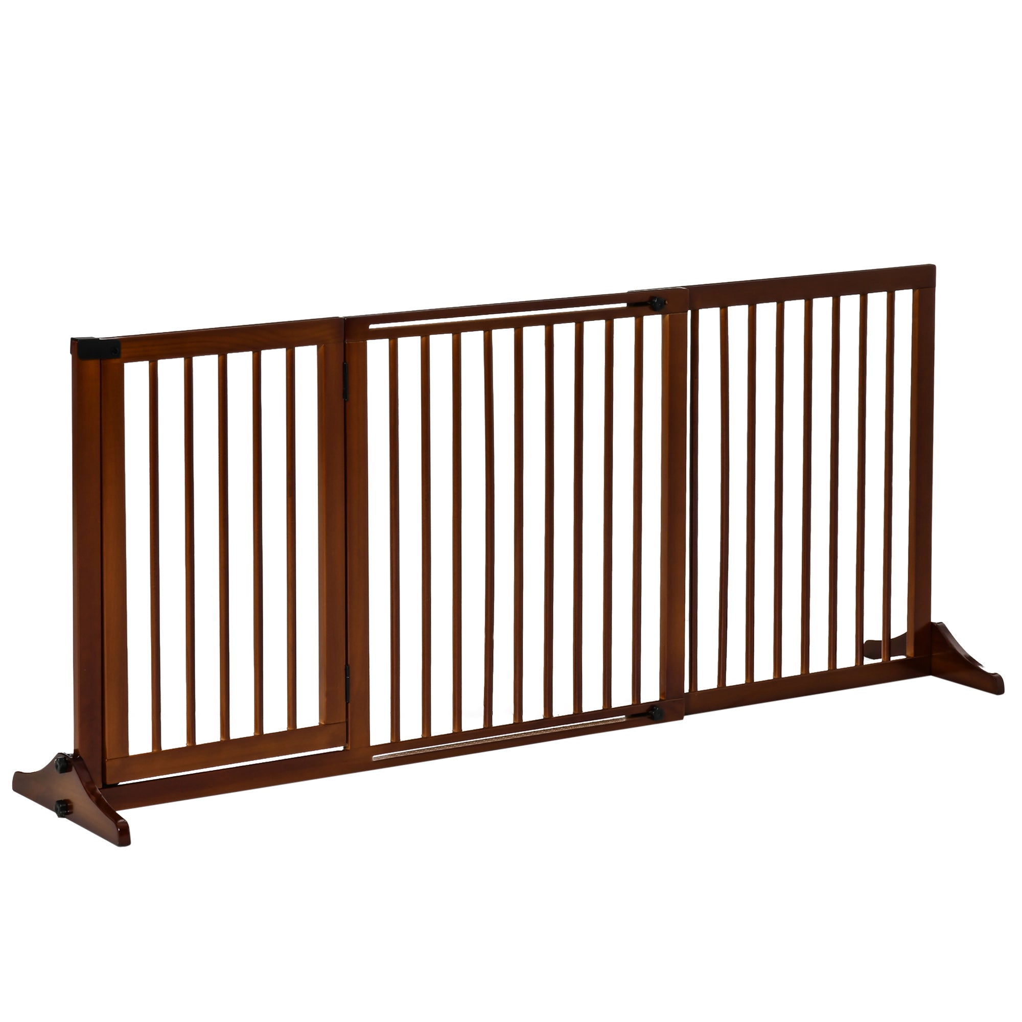 PawHut Adjustable Wooden Pet Gate, Freestanding Dog Fence for Doorway, Hall, 3 Panels w/ Safety Barrier, Lockable Door, Brown, 44.5"-65.25" L x 14.25" H