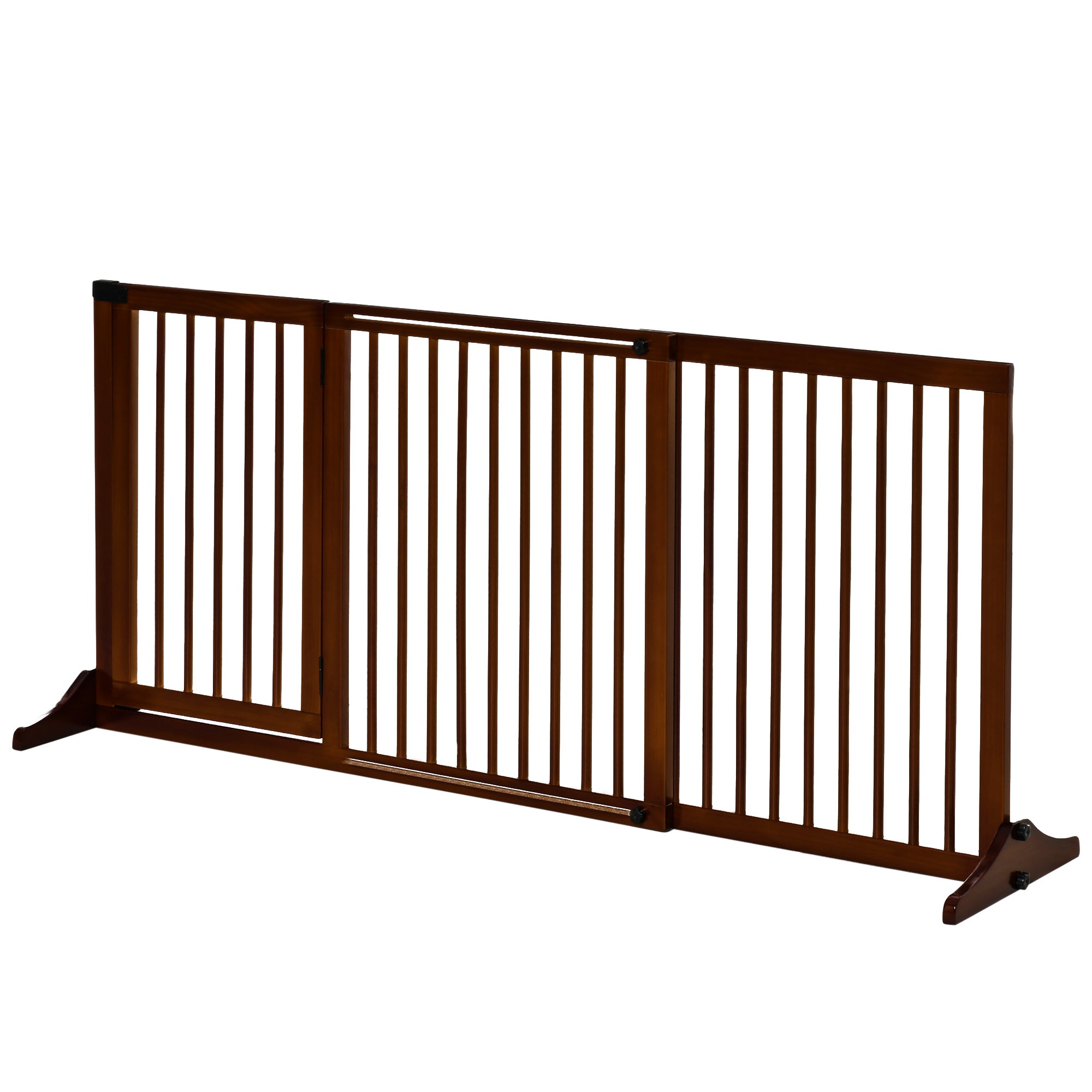 PawHut Adjustable Wooden Pet Gate, Freestanding Dog Fence for Doorway, Hall, 3 Panels w/ Safety Barrier, Lockable Door, Brown, 44.5"-65.25" L x 14.25" H