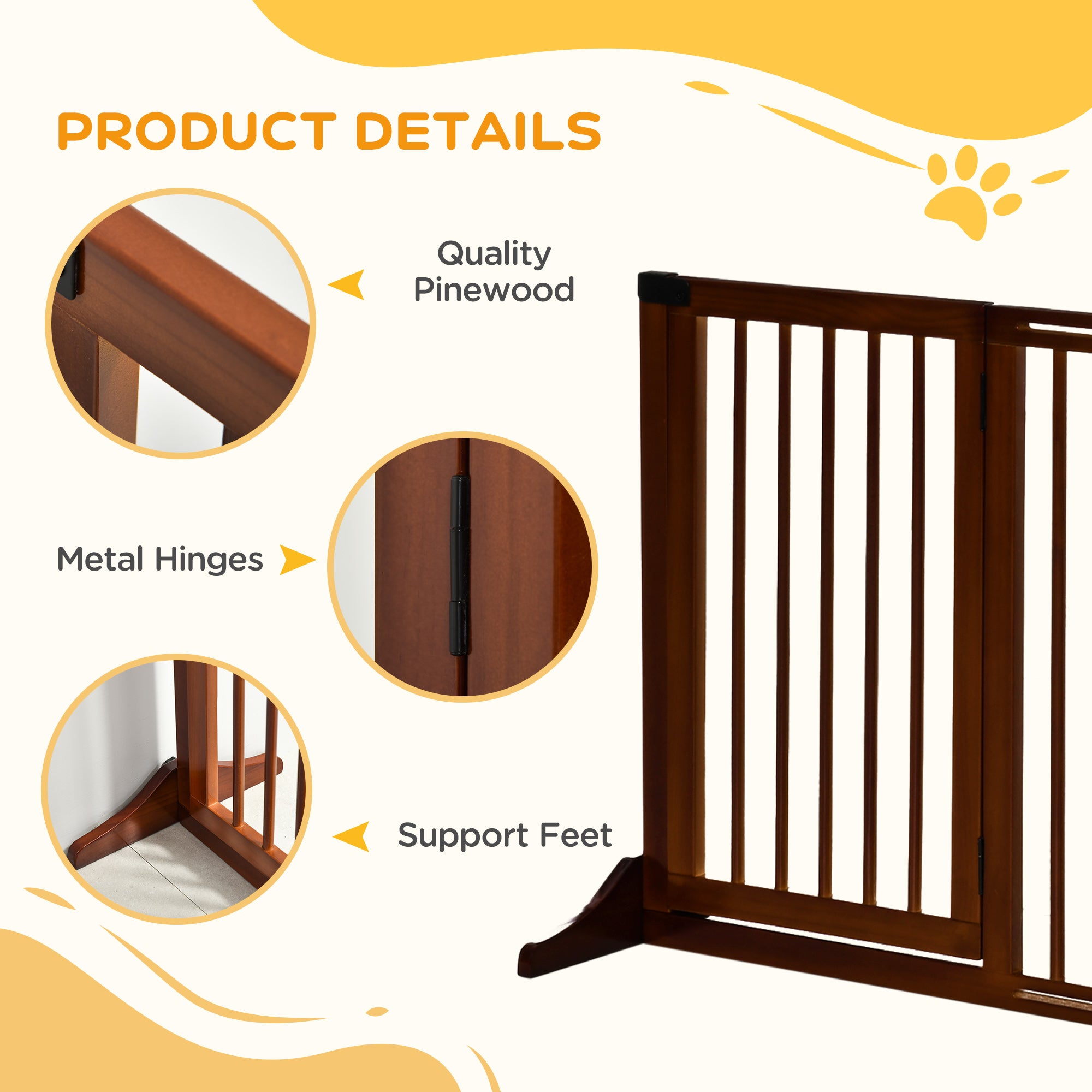 PawHut Adjustable Wooden Pet Gate, Freestanding Dog Fence for Doorway, Hall, 3 Panels w/ Safety Barrier, Lockable Door, Brown, 44.5"-65.25" L x 14.25" H
