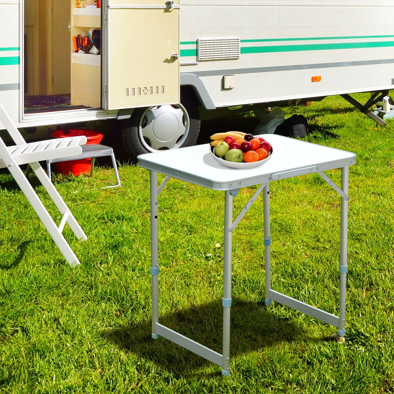 Outsunny Folding Adjustable Patio Picnic Table Portable Camping Dining Lunch Table Aluminum Frame Silver