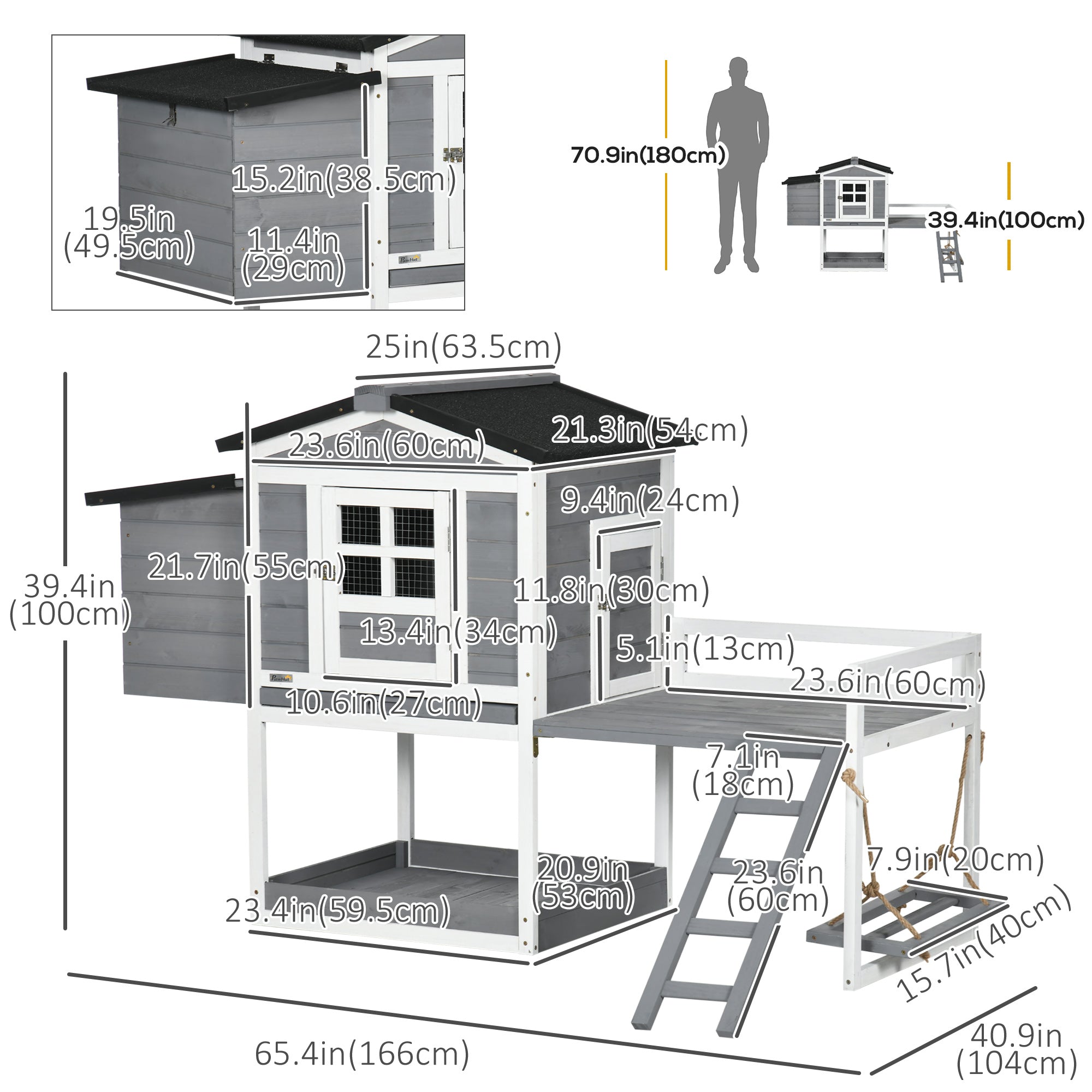 PawHut 65" Chicken Coop with Swing Toy, Wooden Hen House with Nesting Box, 2 Rooms, Removable Tray, Asphalt Roof, Ramp, Outdoor Poultry Cage