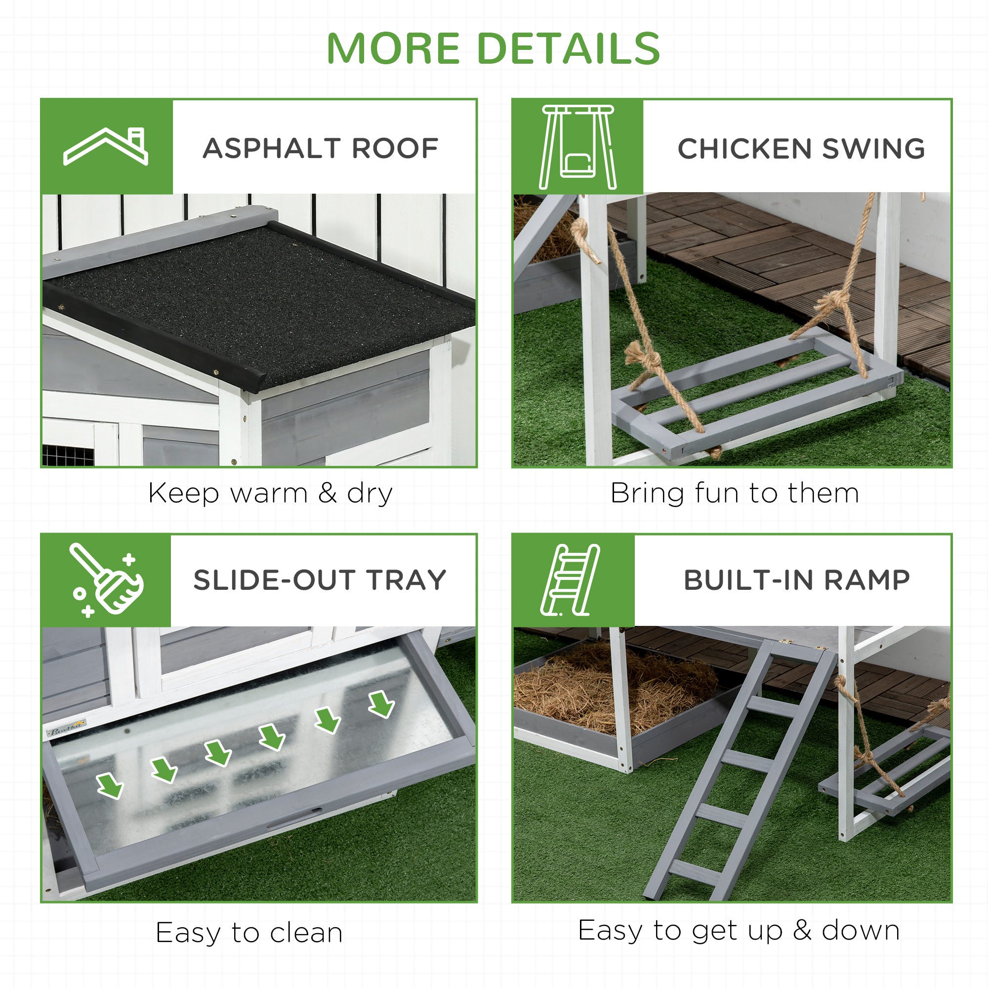 PawHut 65" Chicken Coop with Swing Toy, Wooden Hen House with Nesting Box, 2 Rooms, Removable Tray, Asphalt Roof, Ramp, Outdoor Poultry Cage