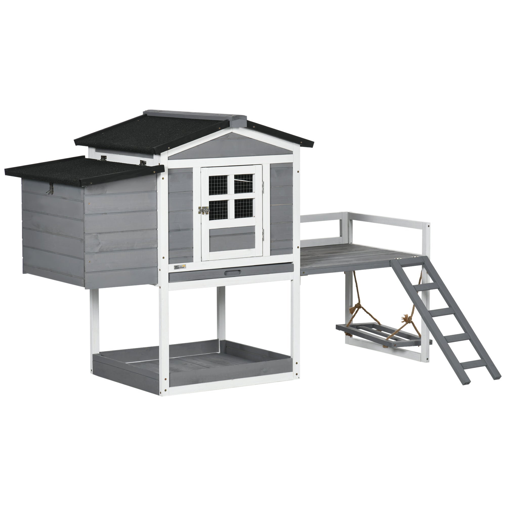 PawHut 65" Chicken Coop with Swing Toy, Wooden Hen House with Nesting Box, 2 Rooms, Removable Tray, Asphalt Roof, Ramp, Outdoor Poultry Cage