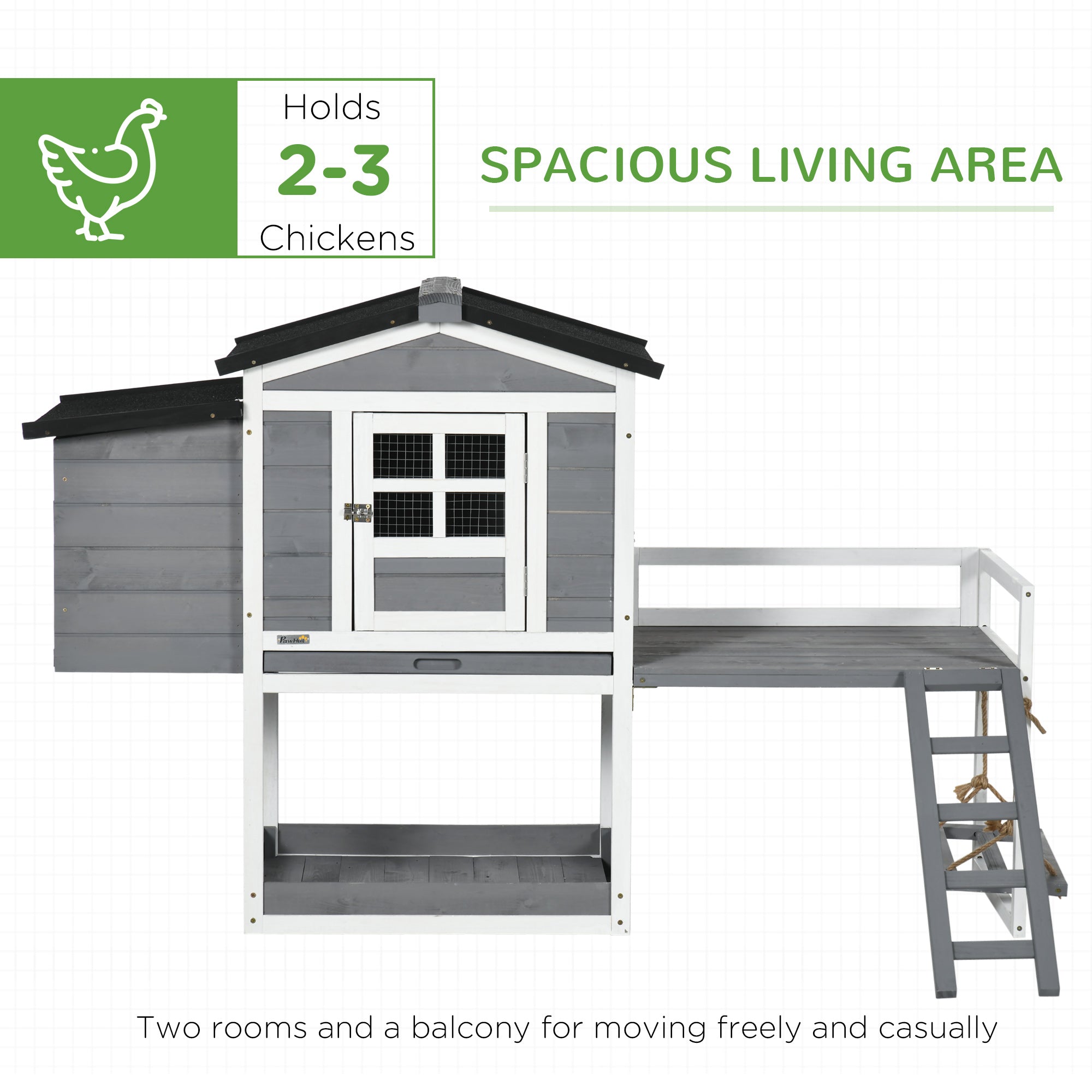 PawHut 65" Chicken Coop with Swing Toy, Wooden Hen House with Nesting Box, 2 Rooms, Removable Tray, Asphalt Roof, Ramp, Outdoor Poultry Cage