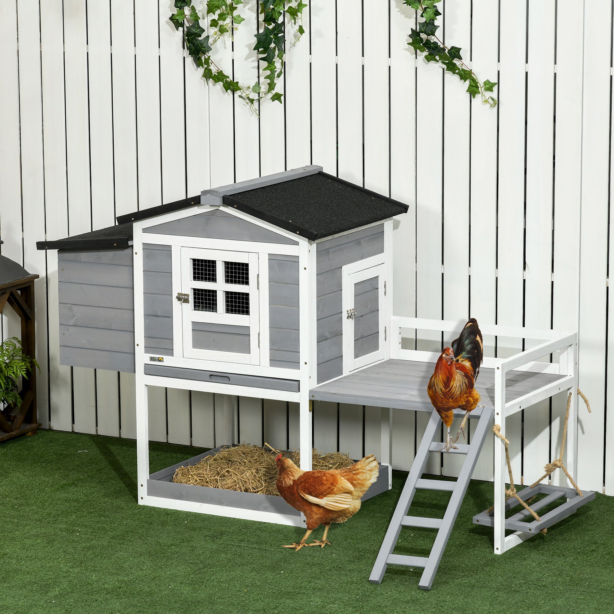 PawHut 65" Chicken Coop with Swing Toy, Wooden Hen House with Nesting Box, 2 Rooms, Removable Tray, Asphalt Roof, Ramp, Outdoor Poultry Cage